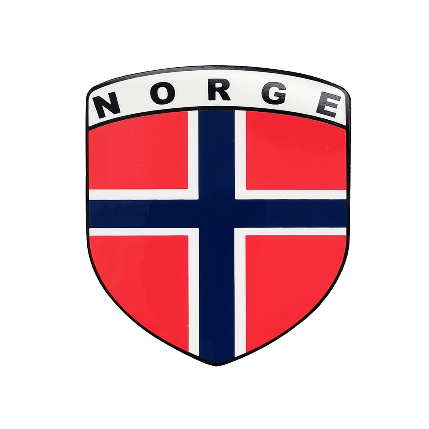 Sköldformad dekal med den norska flaggan och texten Norge – en snygg souvenir som passar perfekt på bilen.