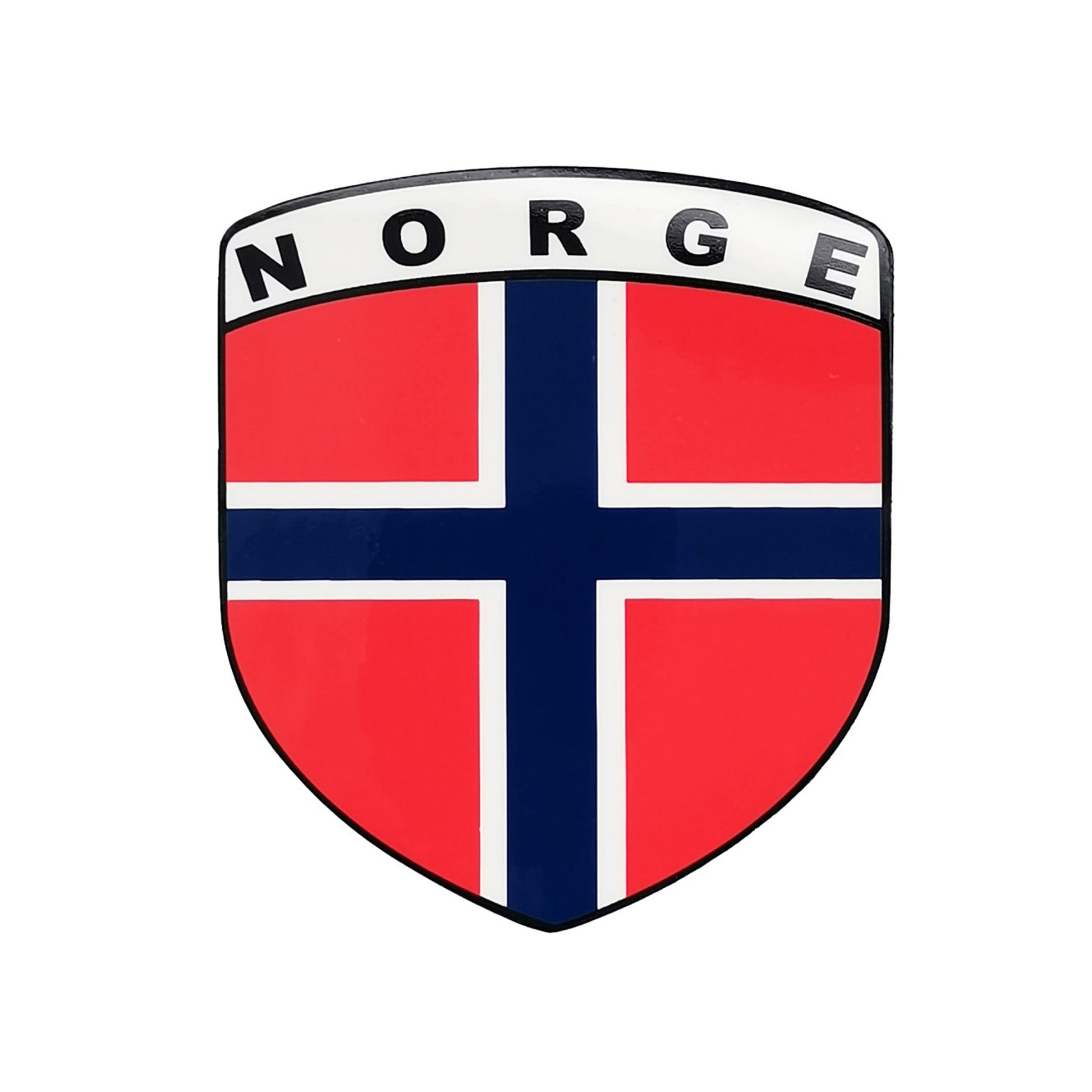 Sköldformad dekal med den norska flaggan och texten Norge – en snygg souvenir som passar perfekt på bilen.