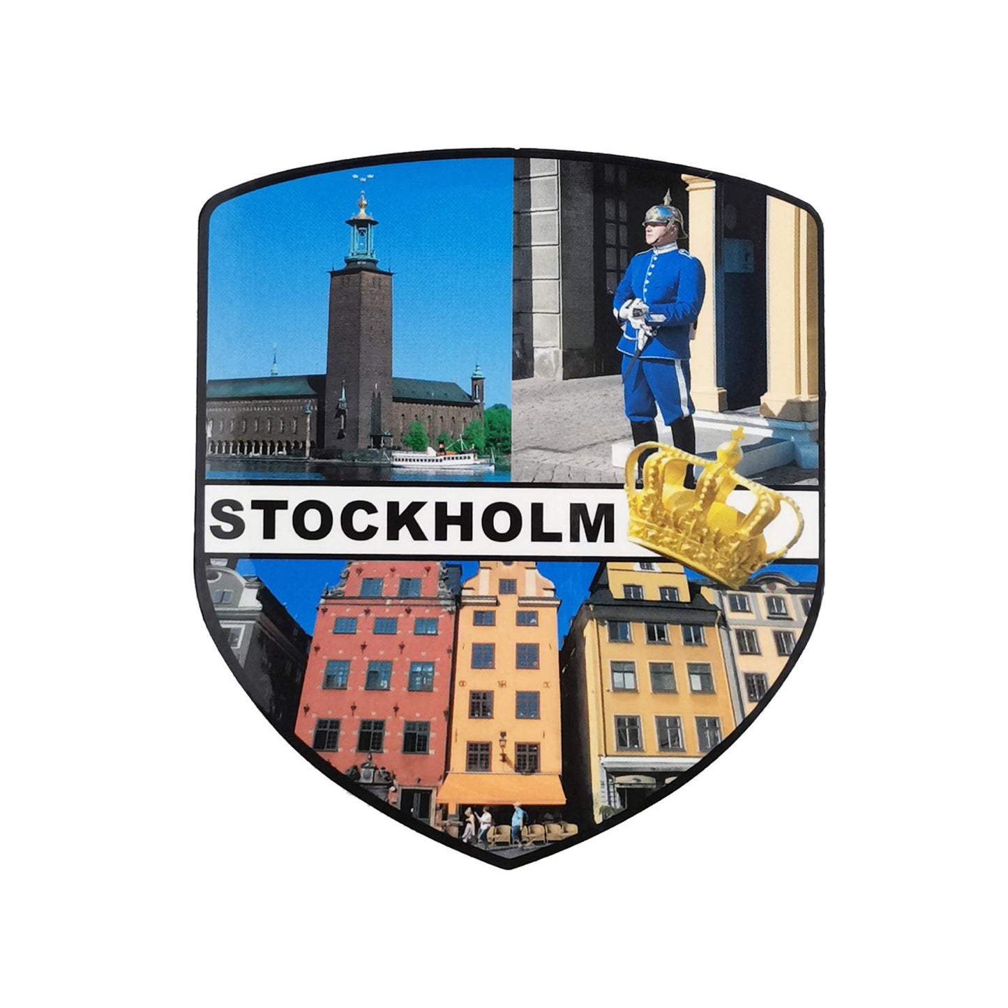 Sköldformad dekal med fotografier av Stortorget, Stockholms Stadshus och Högvakten – en dekorativ souvenir med klassiska Stockholmmotiv.