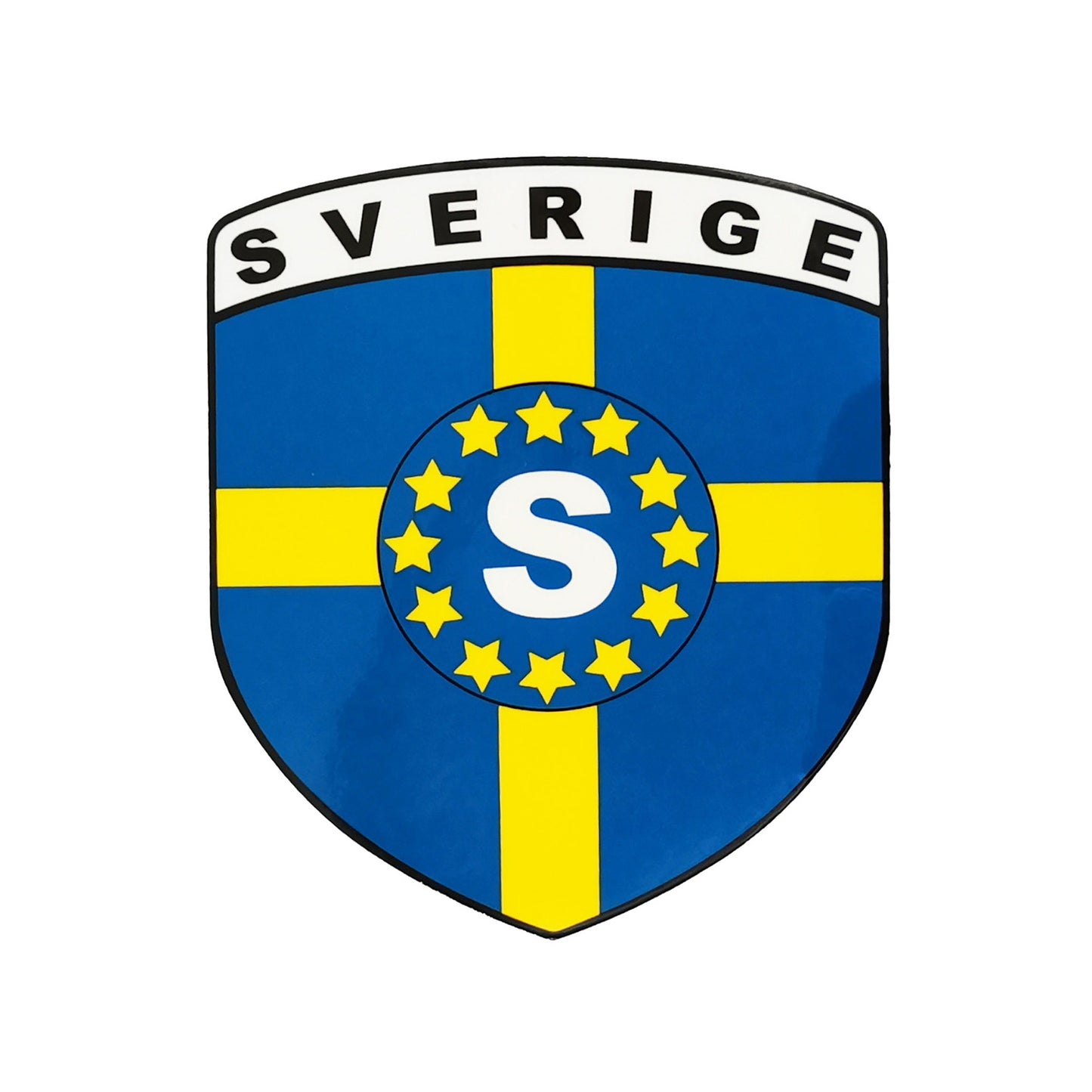 Sköldformad dekal med svensk flagga och EU-symbol, perfekt som souvenir för bilen.