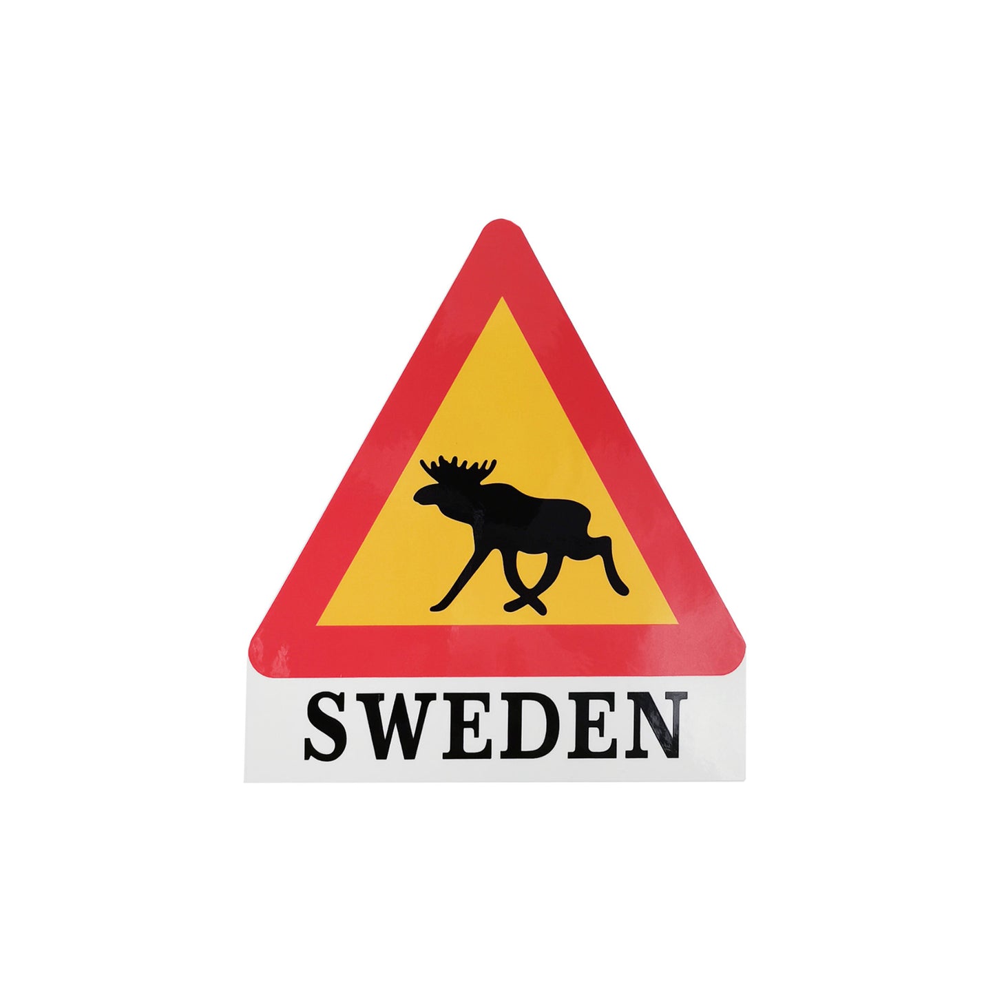 Dekal i form av en varningsskylt med älg och texten Sweden – passar husvagn, husbil, personbil, motorcykel och sparkcykel.