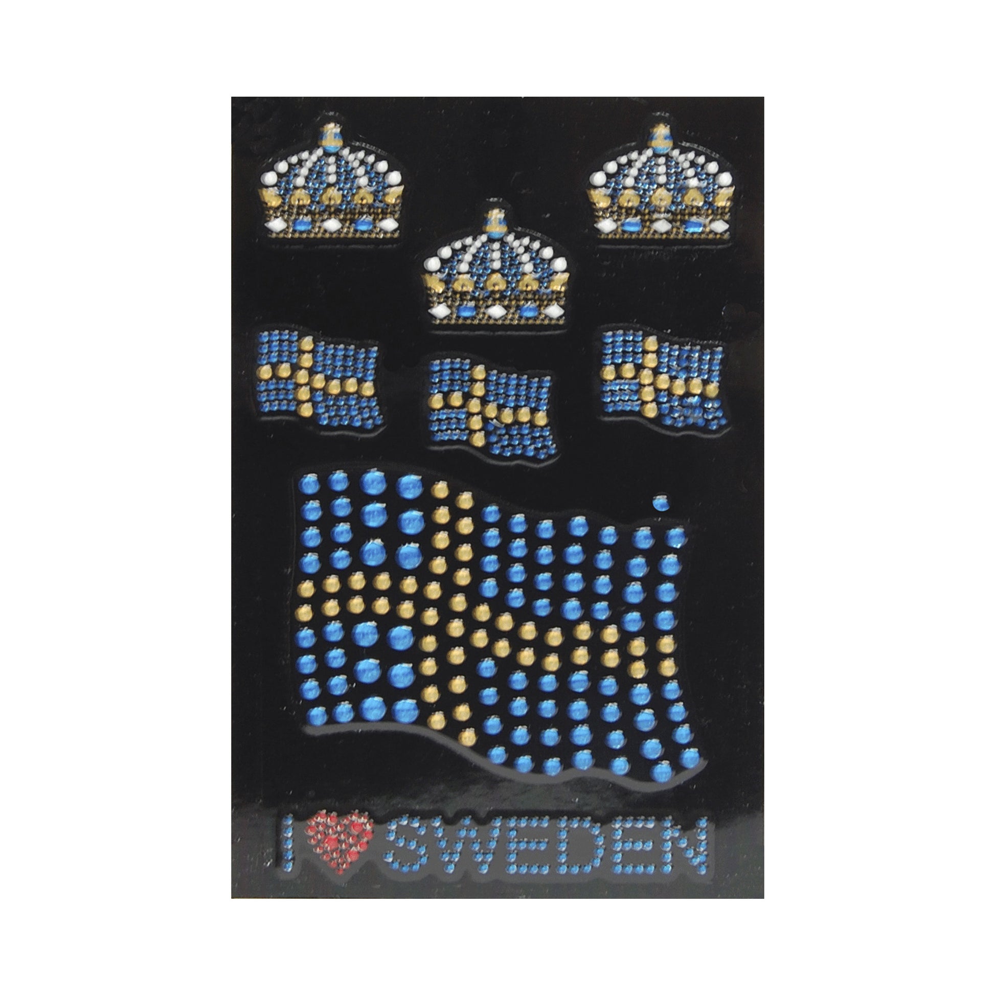 Dekalark med glittrande svenska flaggor, kungliga kronor och texten "I Love Sweden". 