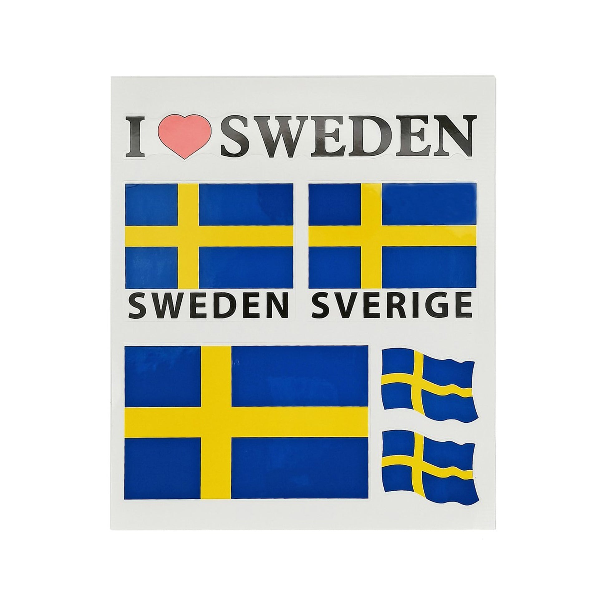 Dekalark med 6 svenska flaggdekaler i olika storlekar samt en "I Love Sweden"-dekal. Passar för bil, motorcykel och andra ytor. 