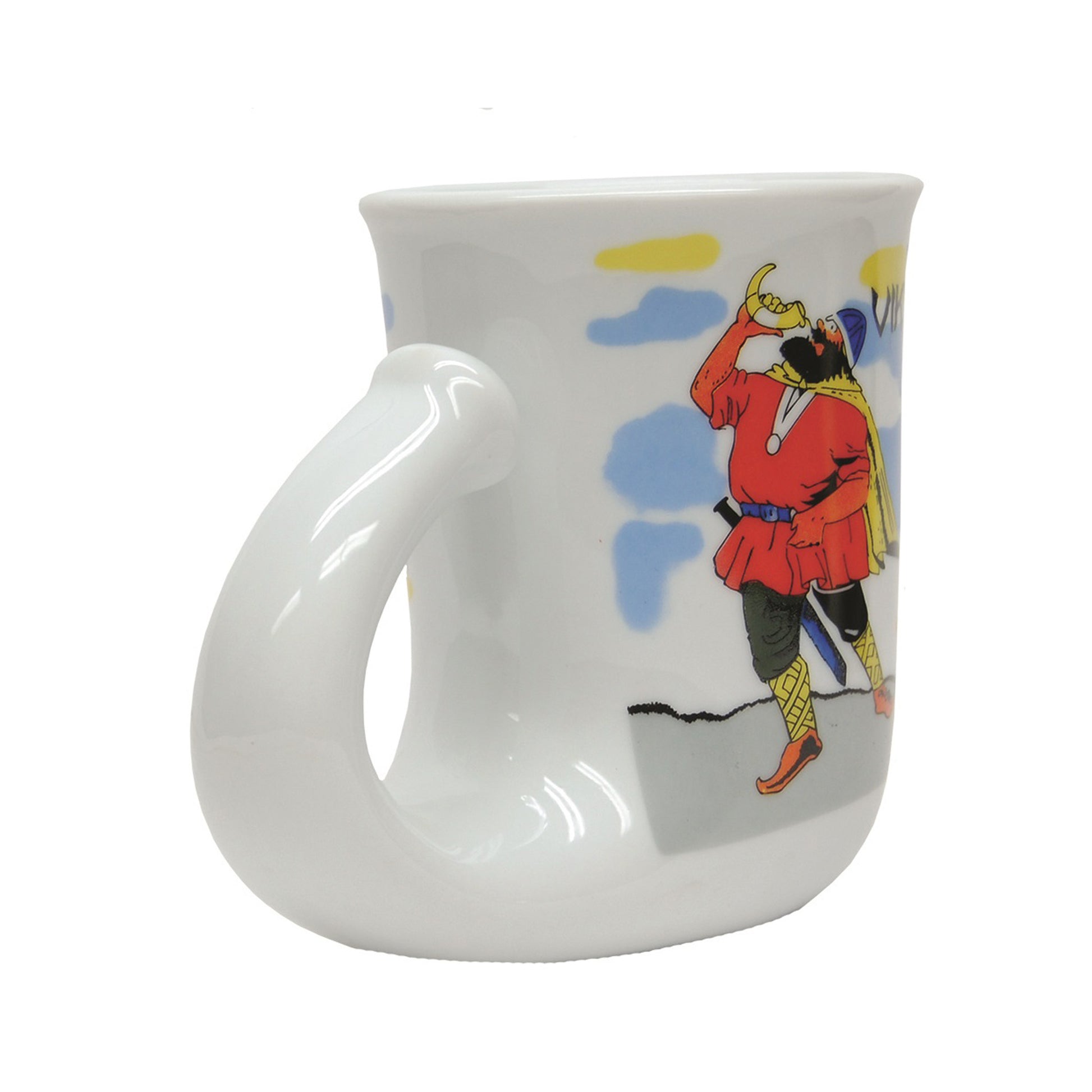 Baksidan av vitt dryckeshorn med bild på vikingen Sven Tveskägg – en dekorativ och vikingainspirerad souvenir.