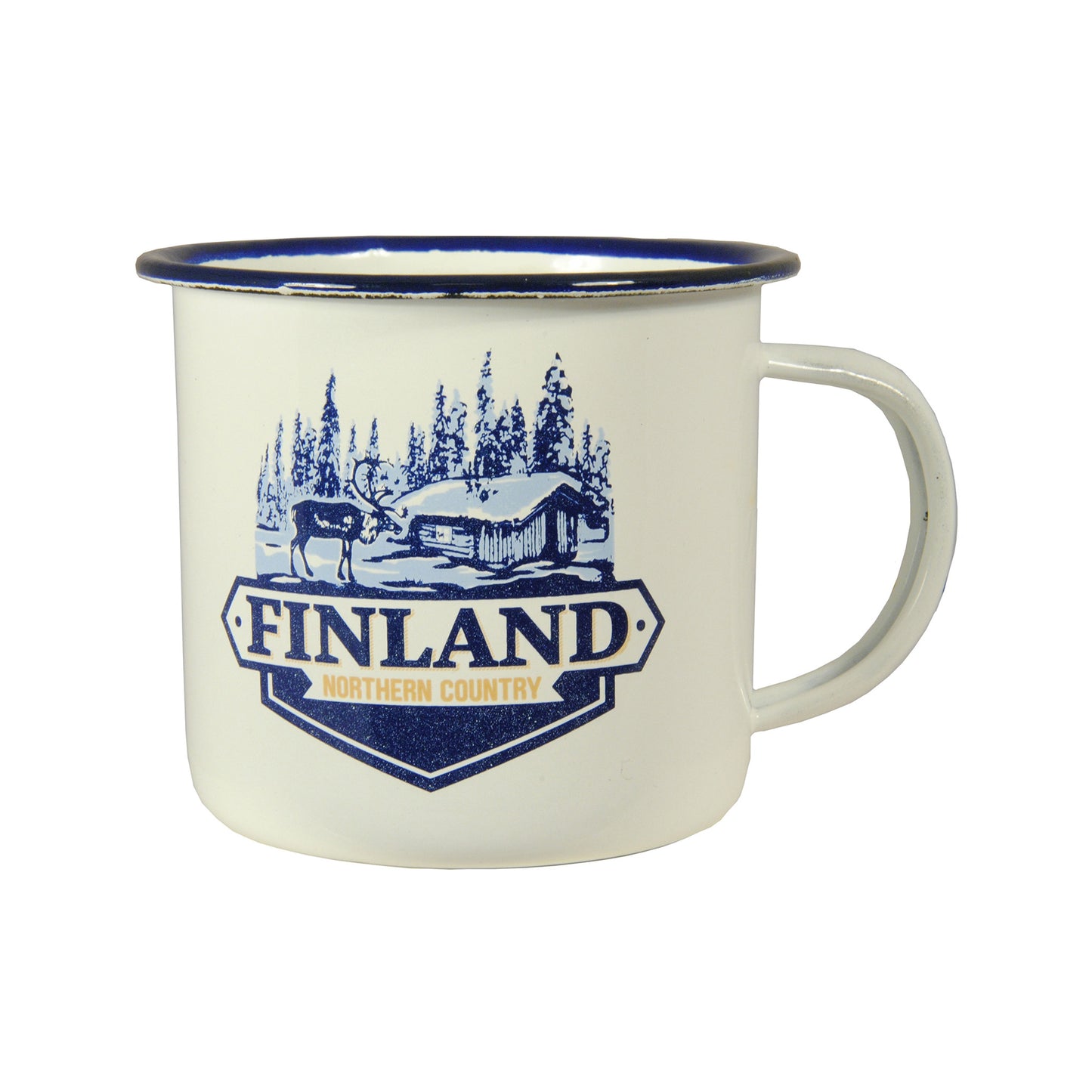 Vit emaljmugg med blått motiv av en ren i ett skogslandskap och en liten stuga. Texten 'FINLAND' är i blått och 'Northern Country' i gult, vilket ger muggen en rustik och nordisk känsla.