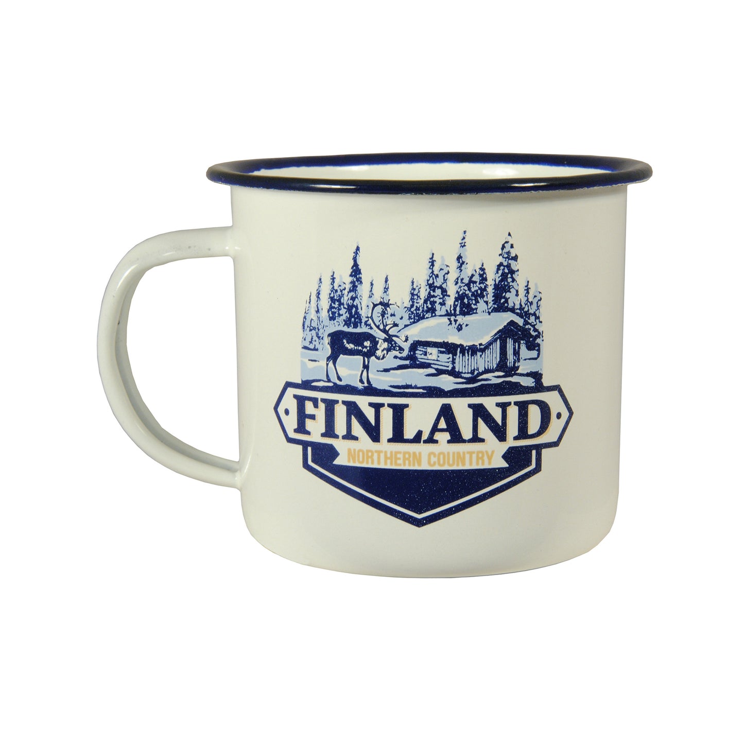 Baksidan av den vita emaljmuggen med samma blåa motiv av en ren i ett skogslandskap och en liten stuga. Texten 'FINLAND' i blått och 'Northern Country' i gult syns även här.