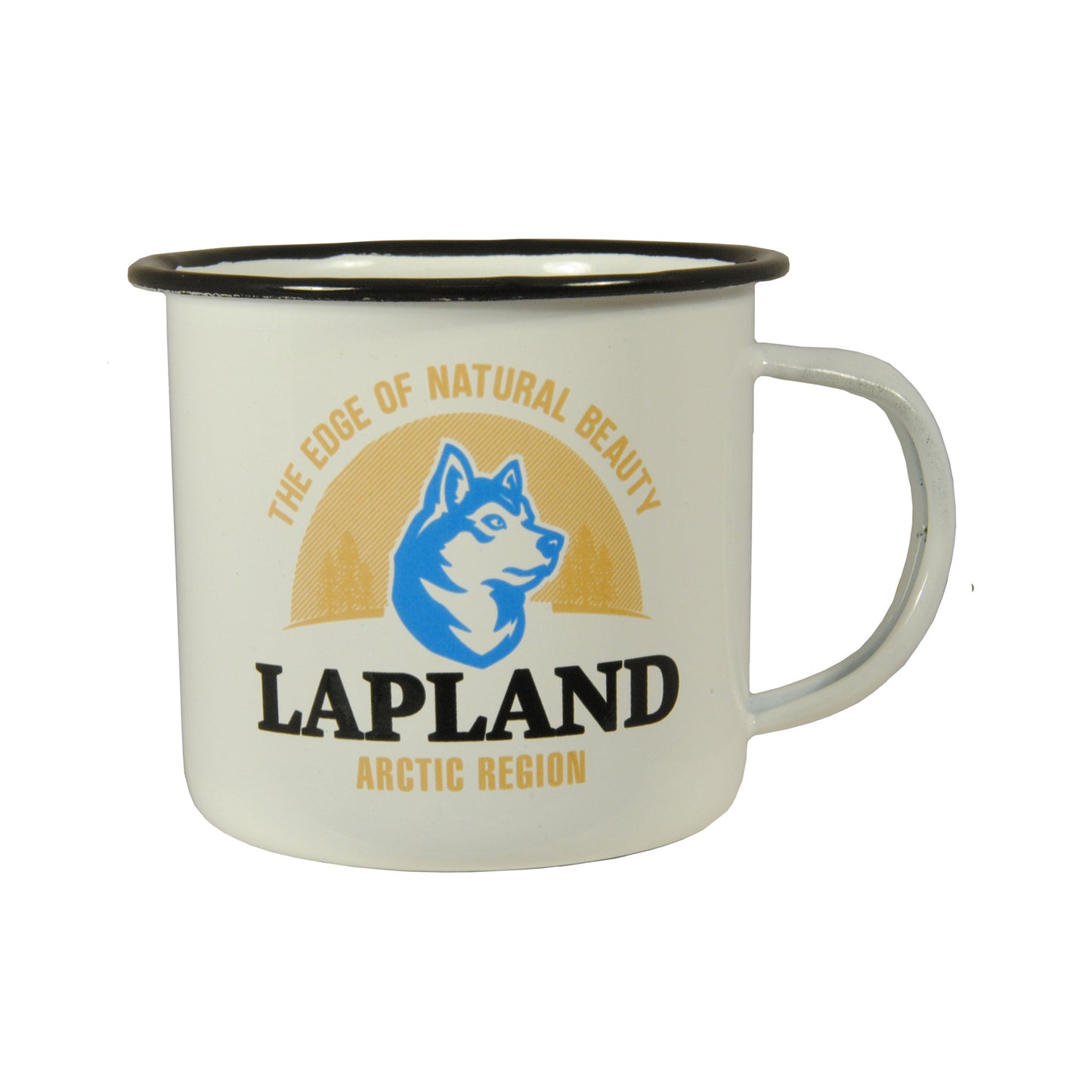 Vit emaljmugg med texten ”The Edge of Natural Beauty – Lapland Arctic Region”. Höjd 7,9 cm, diameter 9,2 cm. Designen är inspirerad av midnattssolen i Lappland och passar perfekt för både vinteräventyr och sommarvandringar.