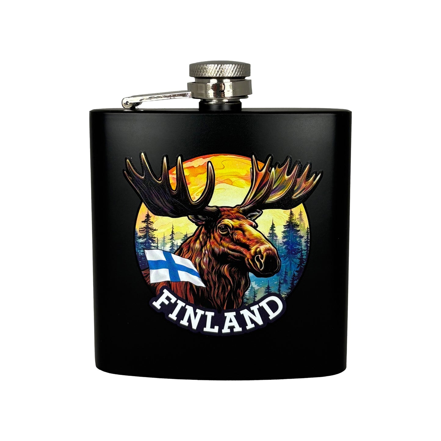 Svart fickplunta med älgillustration och texten "Finland".