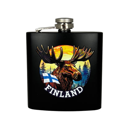 Svart fickplunta med älgillustration och texten "Finland".