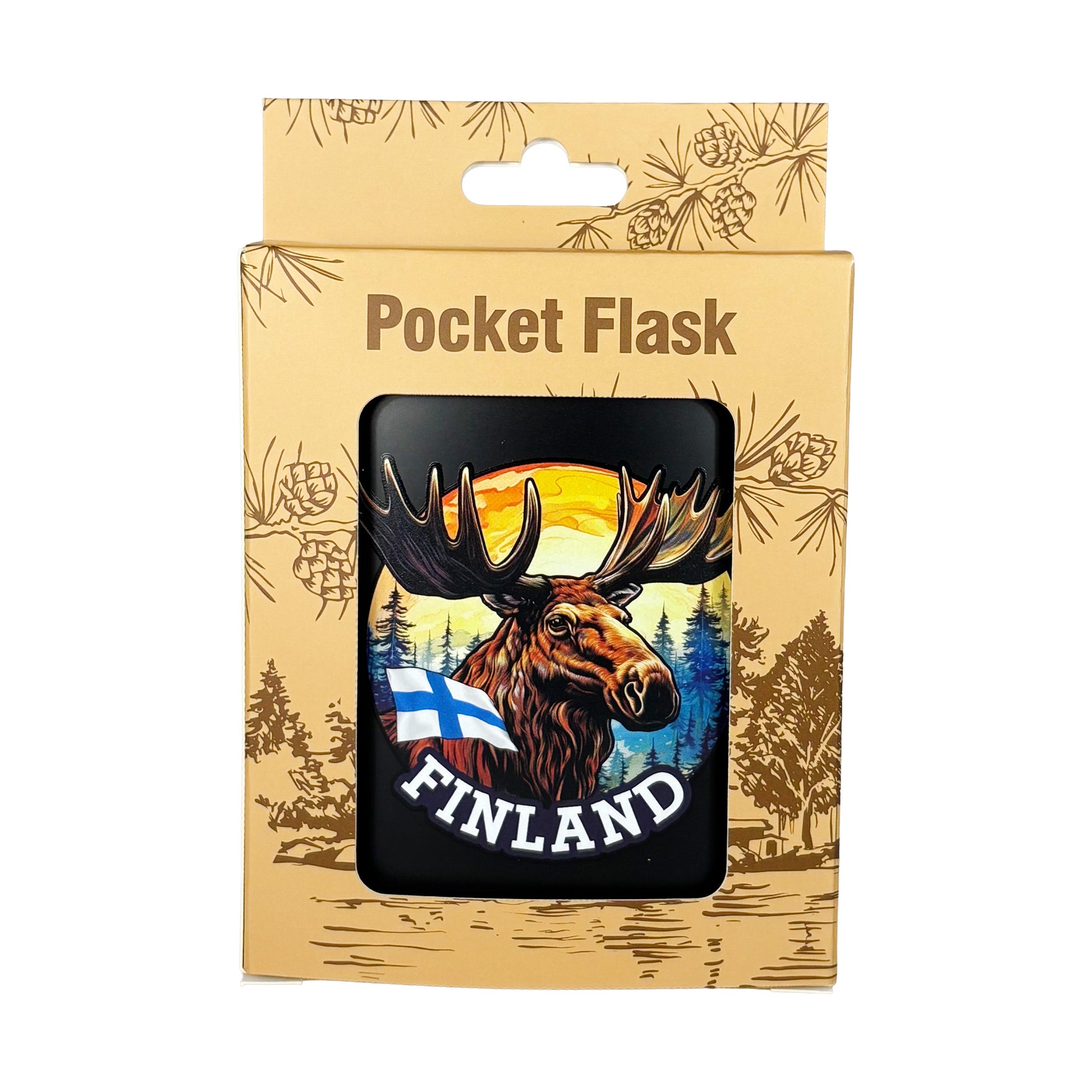 Svart fickplunta med älgillustration och texten "Finland". Visas här framifrån i sin förpackning.