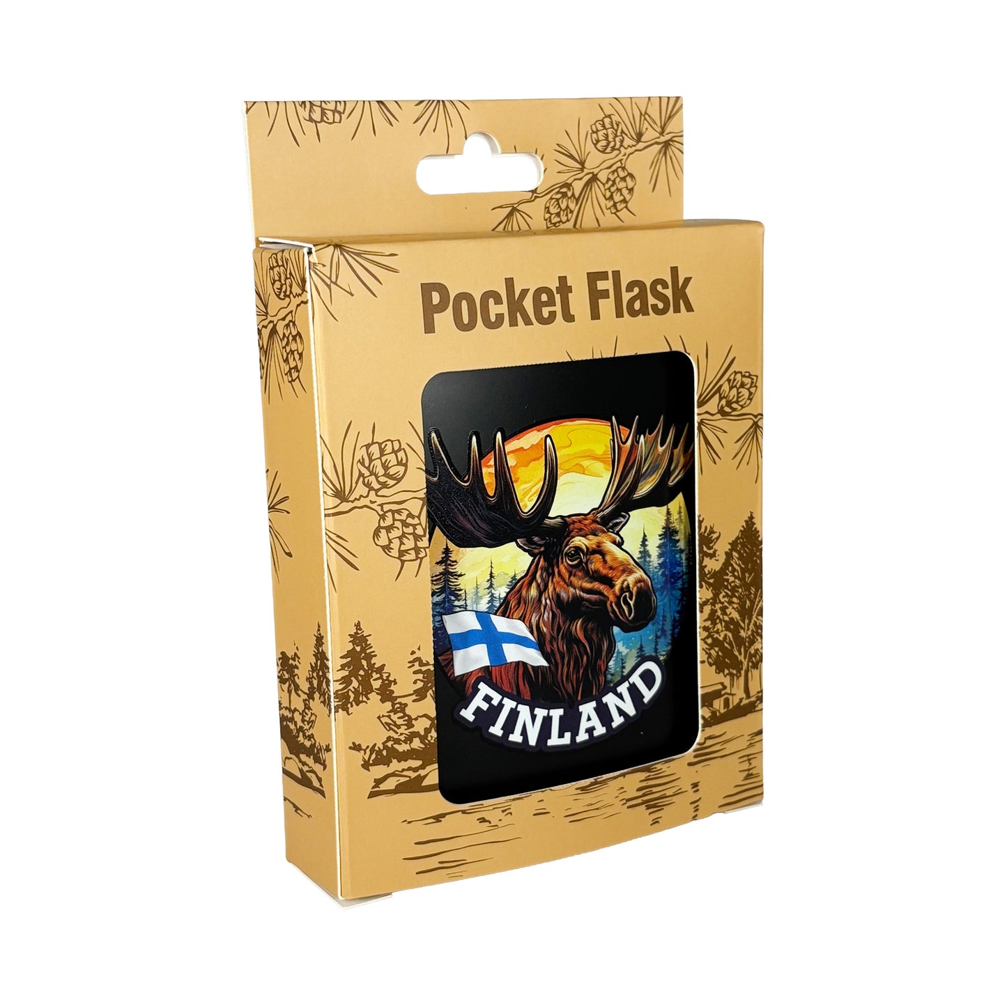 Svart fickplunta med älgillustration och texten "Finland". Visas här snett framifrån i sin förpackning.