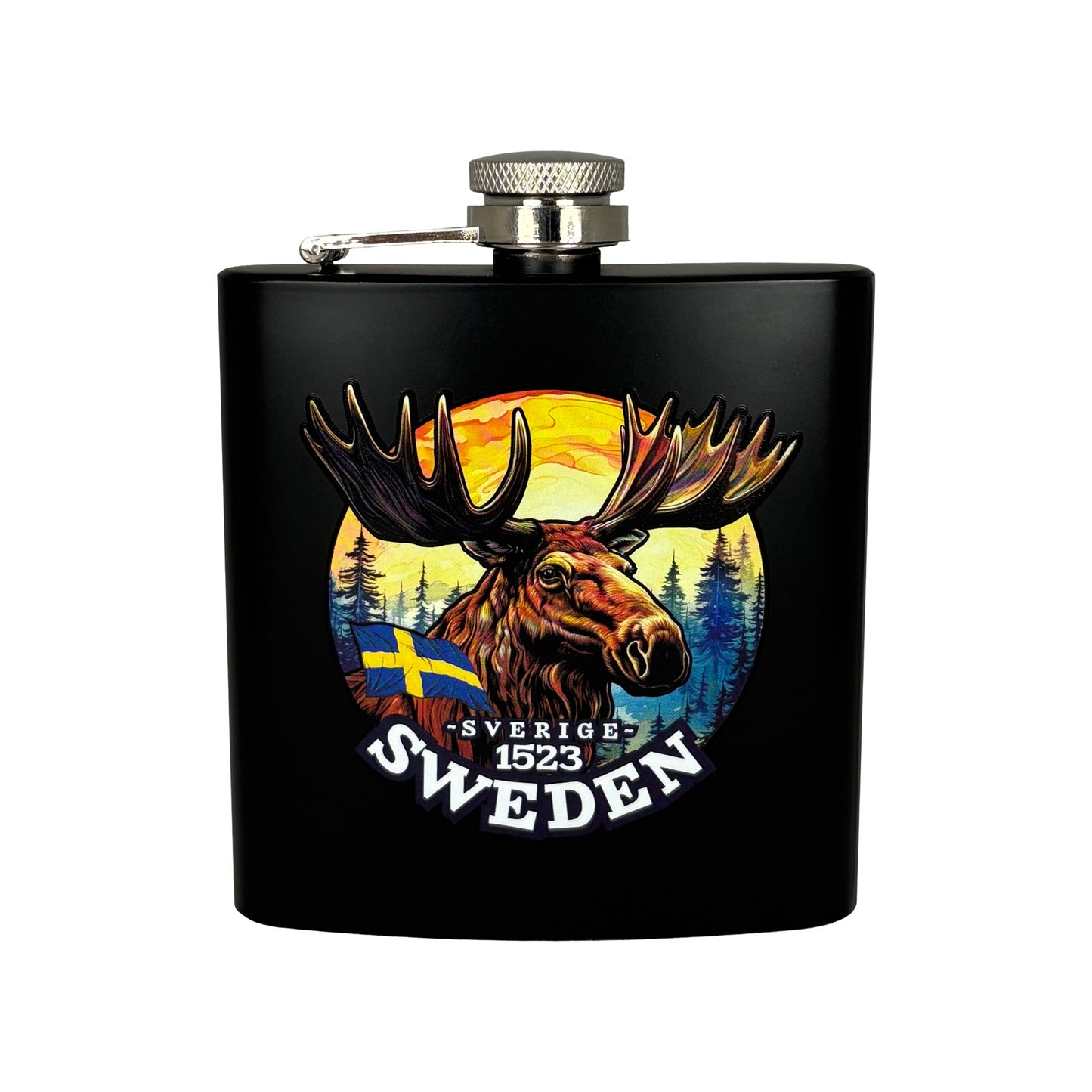 Svart fickplunta med älgillustration och texten "Sweden" – stilren souvenir i metall med svensk känsla.
