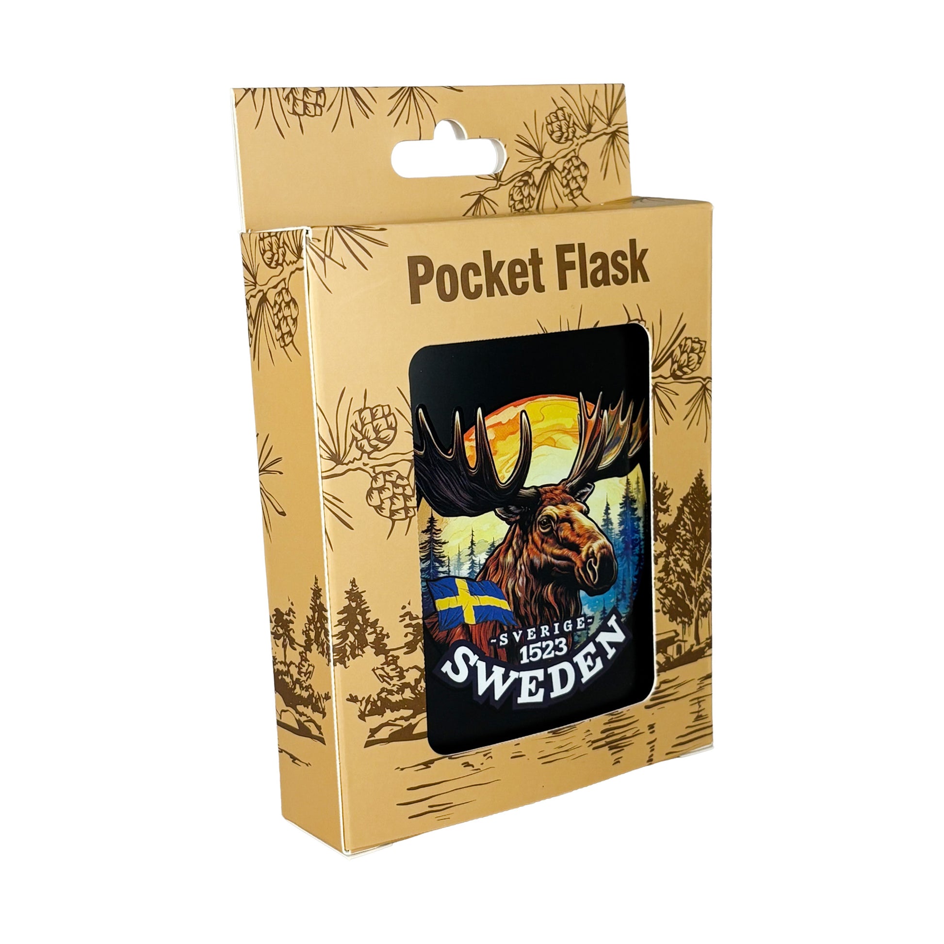 Svart fickplunta med älgillustration och texten "Sweden" – stilren souvenir i metall med svensk känsla. Visas här snett framifrån i förpackning. 