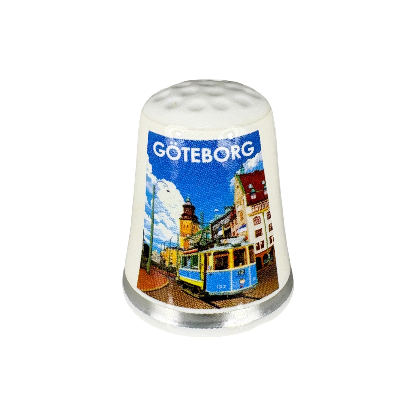 Vit fingerborg med motiv från staden Göteborg .