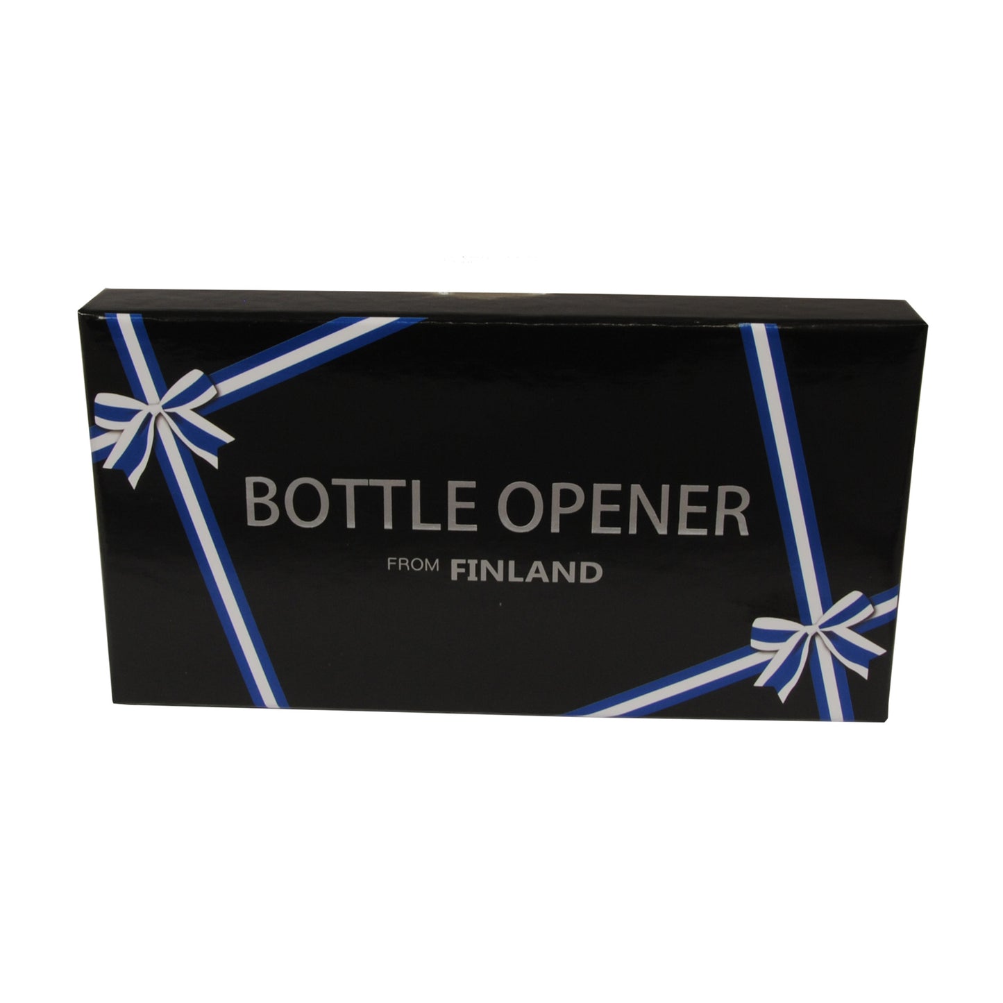 Svart presentförpackning med blåvita band och rosetter, med texten "Bottle Opener from Finland" i silver.