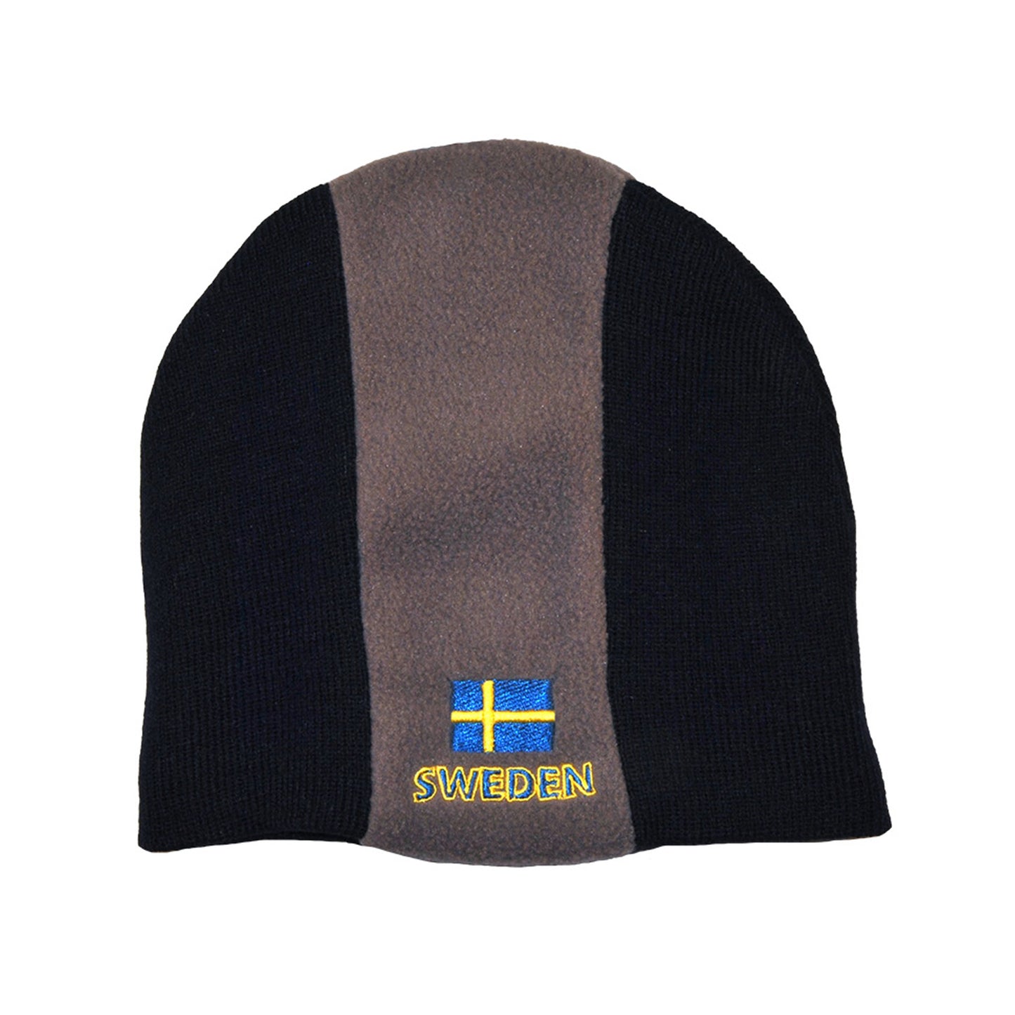 Mörkblå fleece-mössa med grå rand i mitten, broderad med texten "Sweden" och en svensk flagga framtill.
