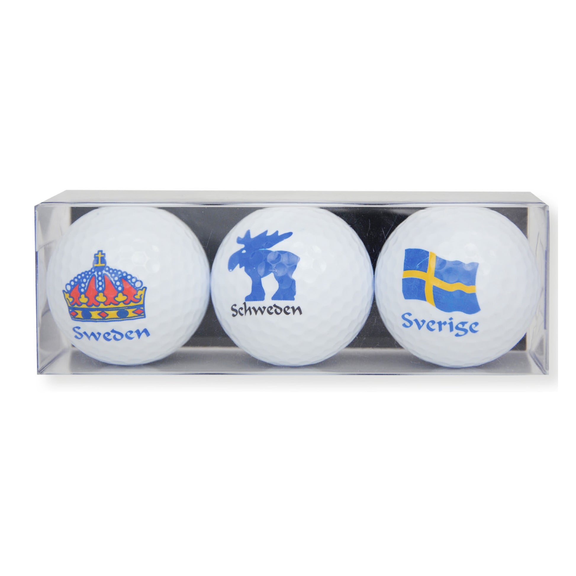 3-pack golfbollar med motiv från Sverige: älg, kunglig krona och svensk flagga. Perfekt golfsouvenir som representerar hela Sverige.