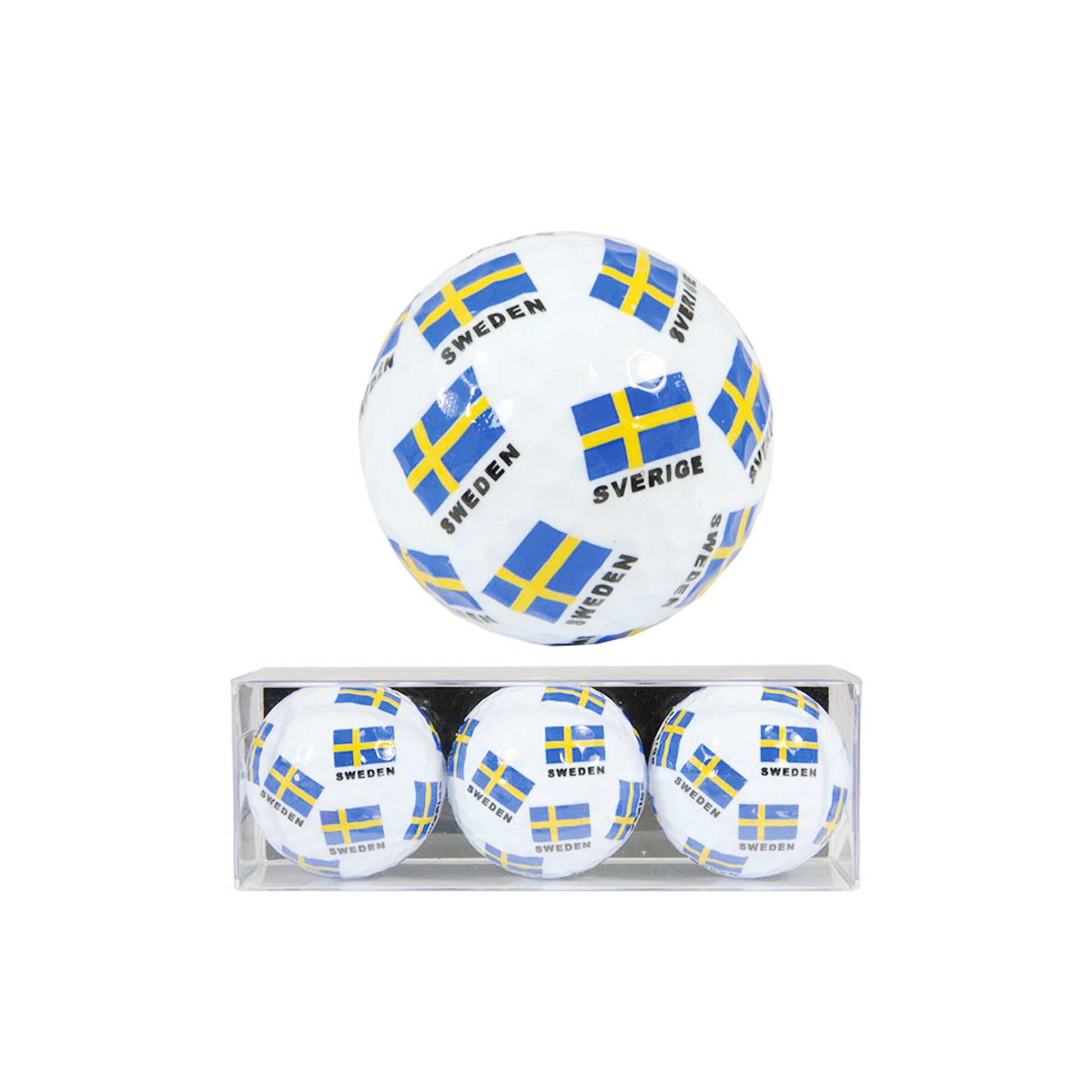 3-pack golfbollar med svensk flagga och text tryckt runt hela bollen – stilfull design och hög kvalitet. Perfekt som golf-souvenir.