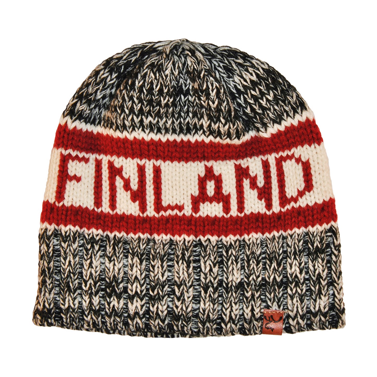  Grå och vit stickad mössa med två röda linjer och röd text "Finland" framtill – dekorerad med lädermärke.