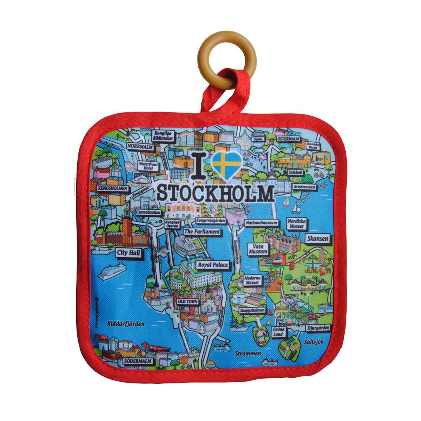 Grytlapp med karta över Stockholm, röd bård och texten I ❤️ (hjärta med svenska flaggan) Stockholm. Grytlappen är också försedd med ring för upphängning. 