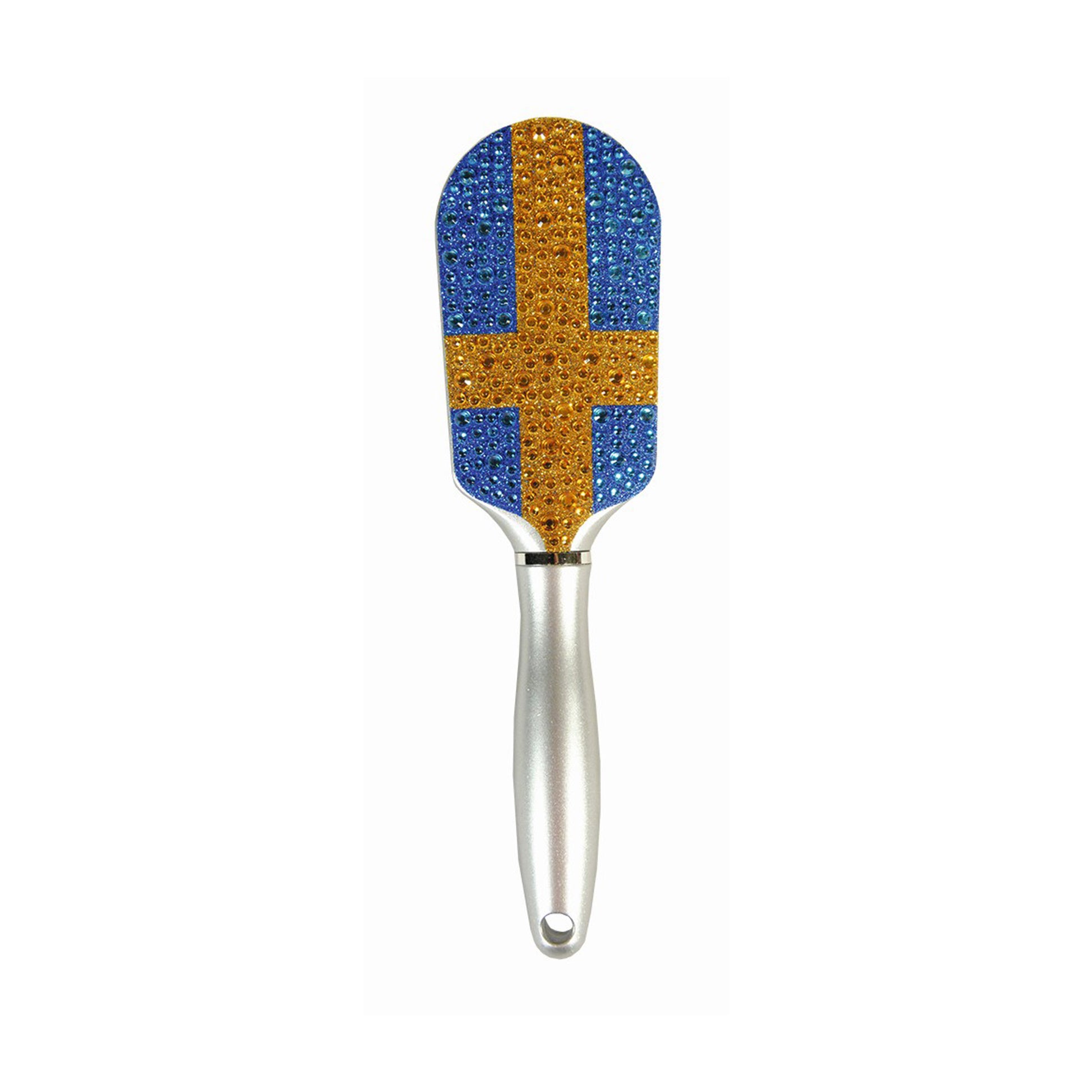 Silverfärgad hårborste dekorerad med svenska flaggan i små skimrande stenar, vilket ger ett glittrande och elegant intryck.