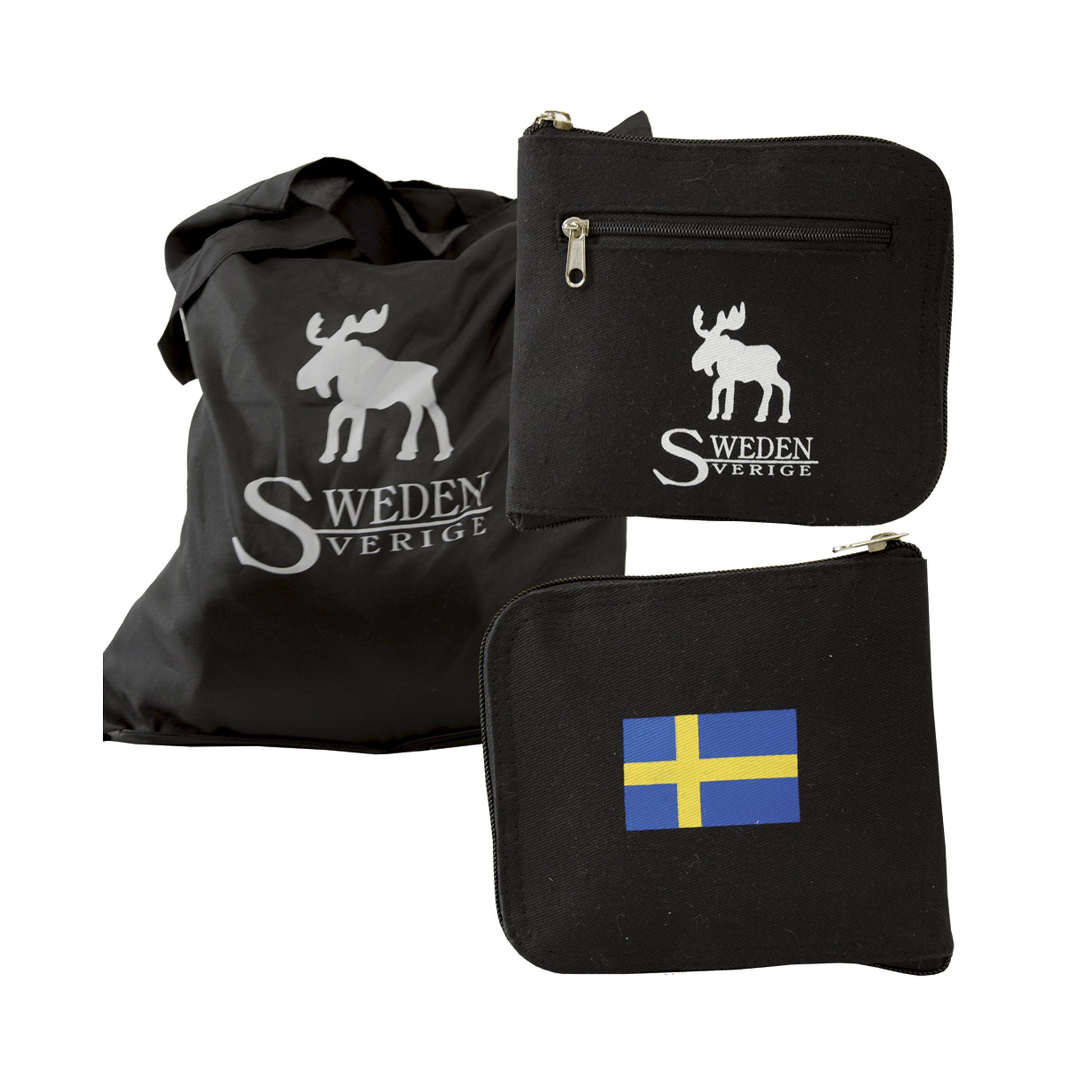 Svart hopfällbar kasse med älgmotiv och texten Sverige-Sweden samt matchande fodral med samma motiv och en svensk flagga på baksidan. Kassen är 38 x 43 cm och fodralet 15 x 13 cm, lätt att ta med och använda.