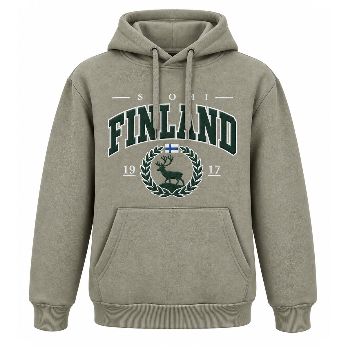 Grön hoodie med renmotiv och texten Finland – souvenir med finsk naturkänsla.