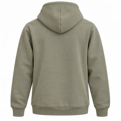 Grön hoodie med älgmotiv och texten Sweden – sedd bakifrån. Baksidan av hoodien har inget tryck. 