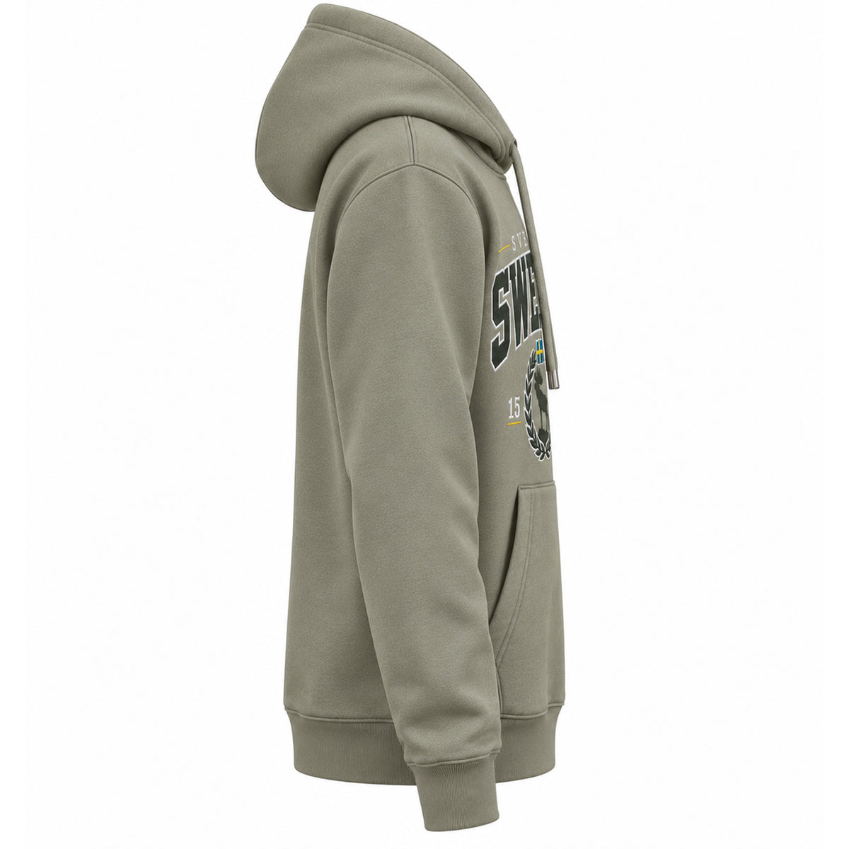 Grön hoodie med älgmotiv och texten Sweden – sedd från sidan. 