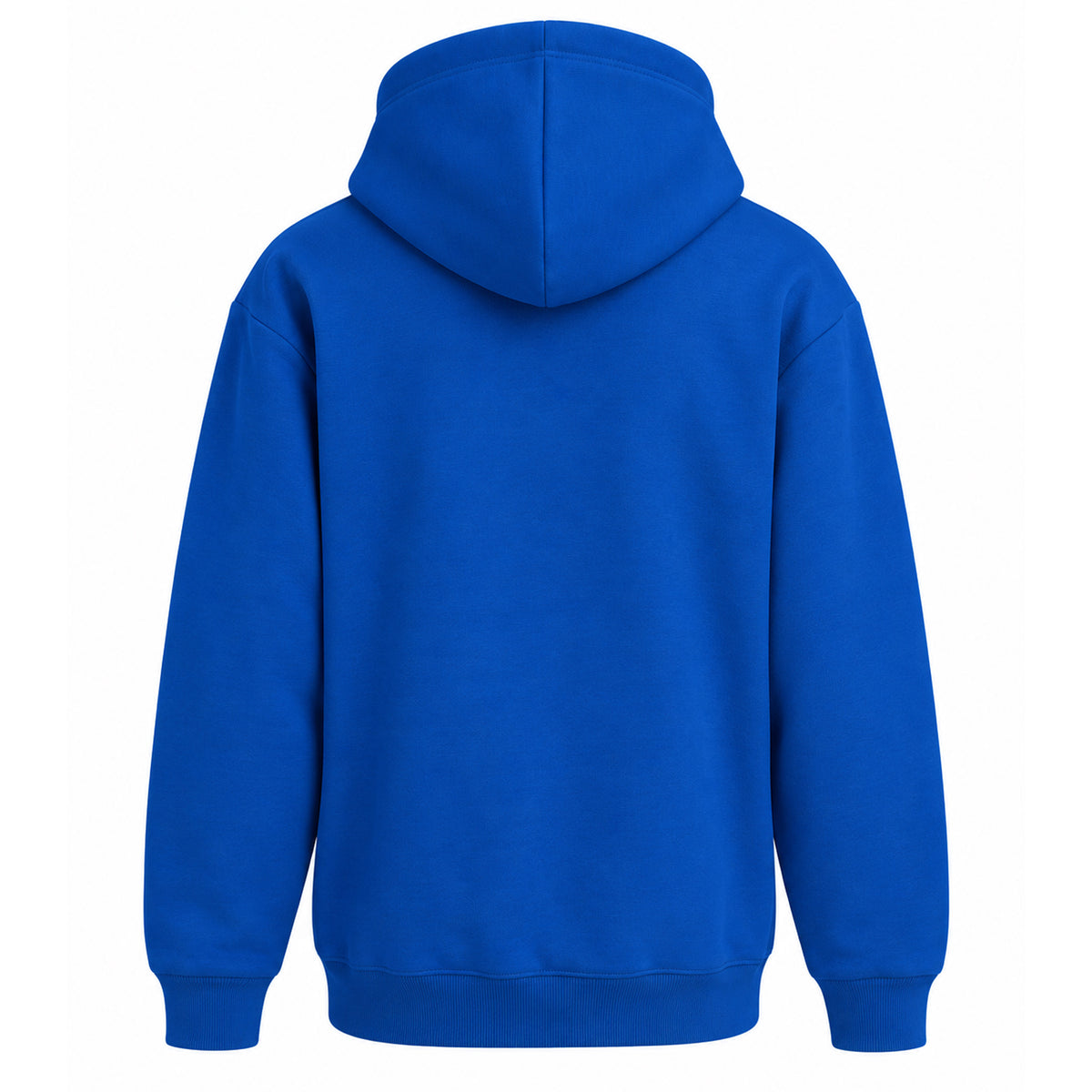 Blå hoodie med svensk flagga och texten Sweden – sedd bakifrån. Inget motiv på baksidan.