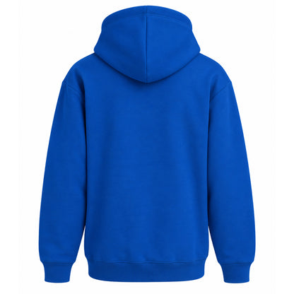 Blå hoodie med svensk flagga och texten Sweden – sedd bakifrån. Inget motiv på baksidan.