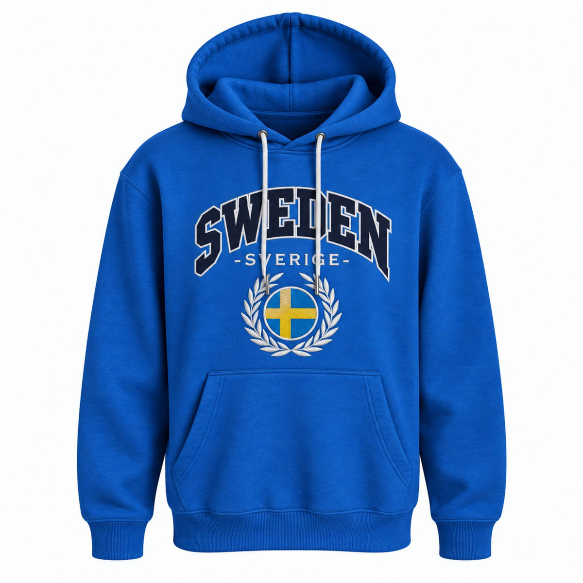 Blå hoodie med svensk flagga och texten Sweden – klassisk svensk souvenir.