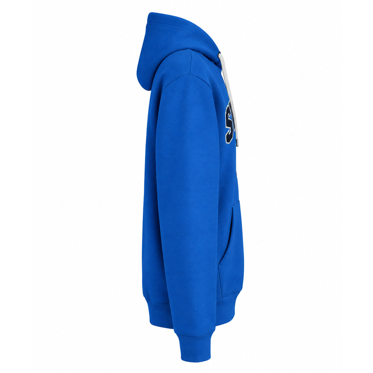 Blå hoodie med svensk flagga och texten Sweden – sedd från sidan. 