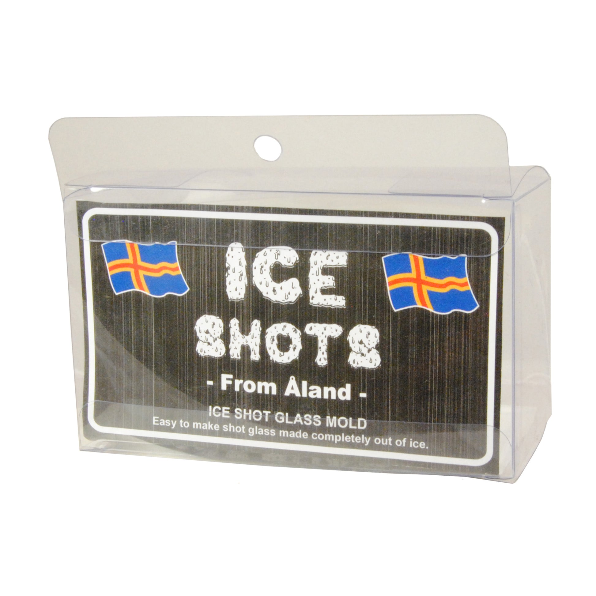 Förpackning till isform för två shotglas, med Ålands flagga tryckt på förpackningen.