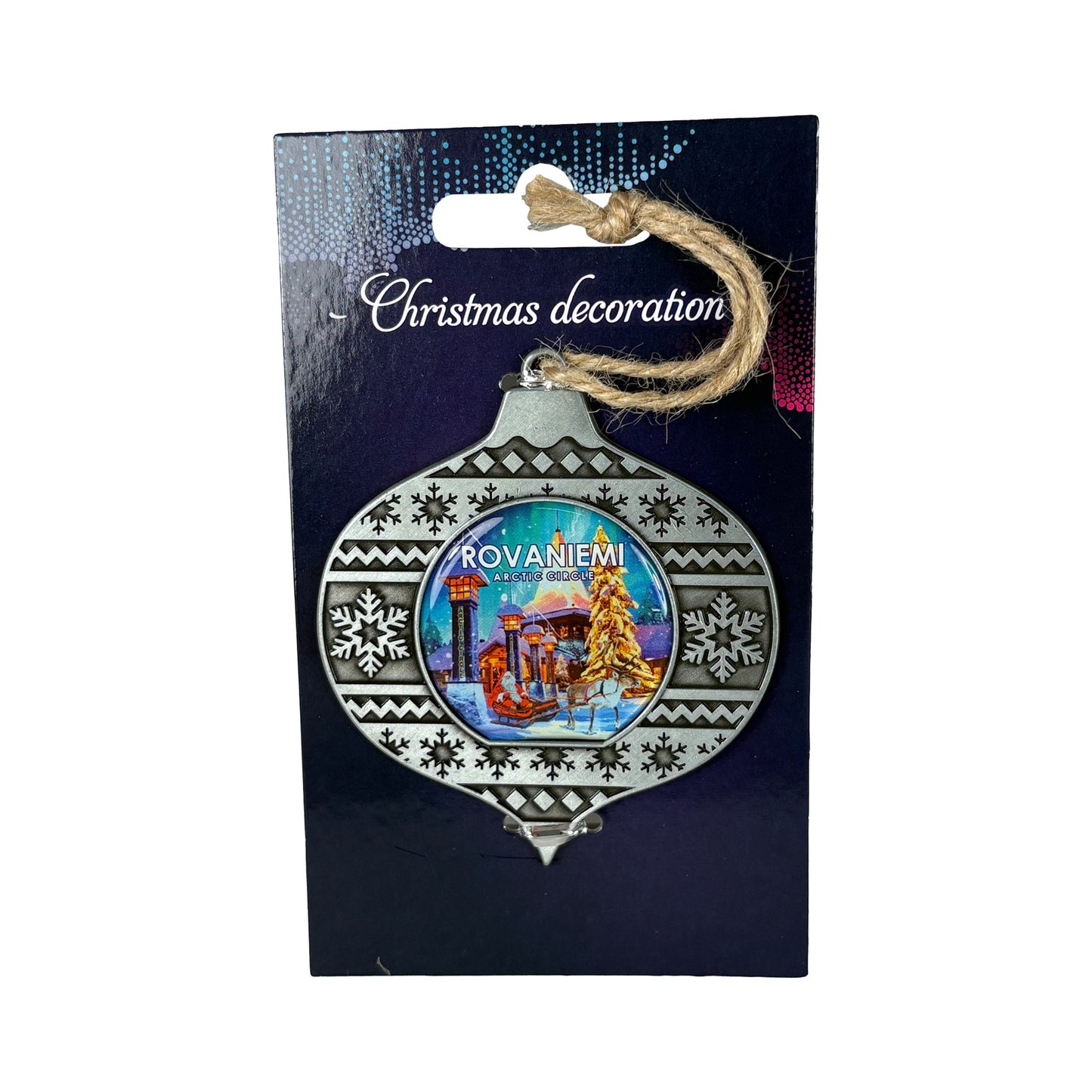 Juldekoration i metall i förpackning med norrskensinspirerat motiv och texten "Christmas Decoration".
