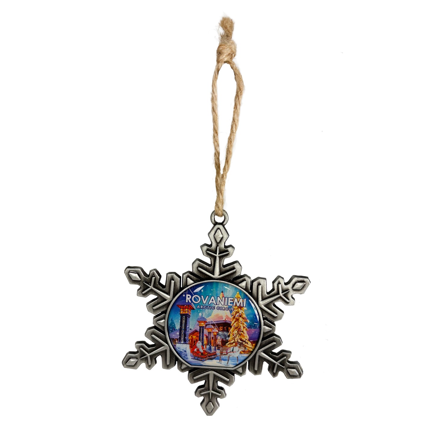 Metalljulstjärna med inspiration från Rovaniemi, perfekt att hänga i granen eller fönstret som en nordisk juldekoration.