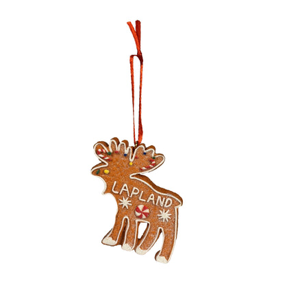 Juldekoration i form av en pepparkaksälg med glittrig yta och färgglada detaljer.