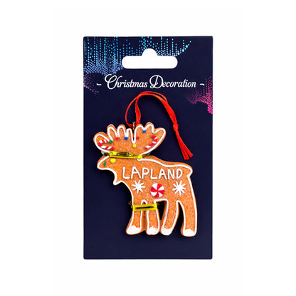 Juldekoration i form av en pepparkaksälg med glittrig yta och färgglada detaljer. Visas här med blå heder med texten "Christmas Decoration".