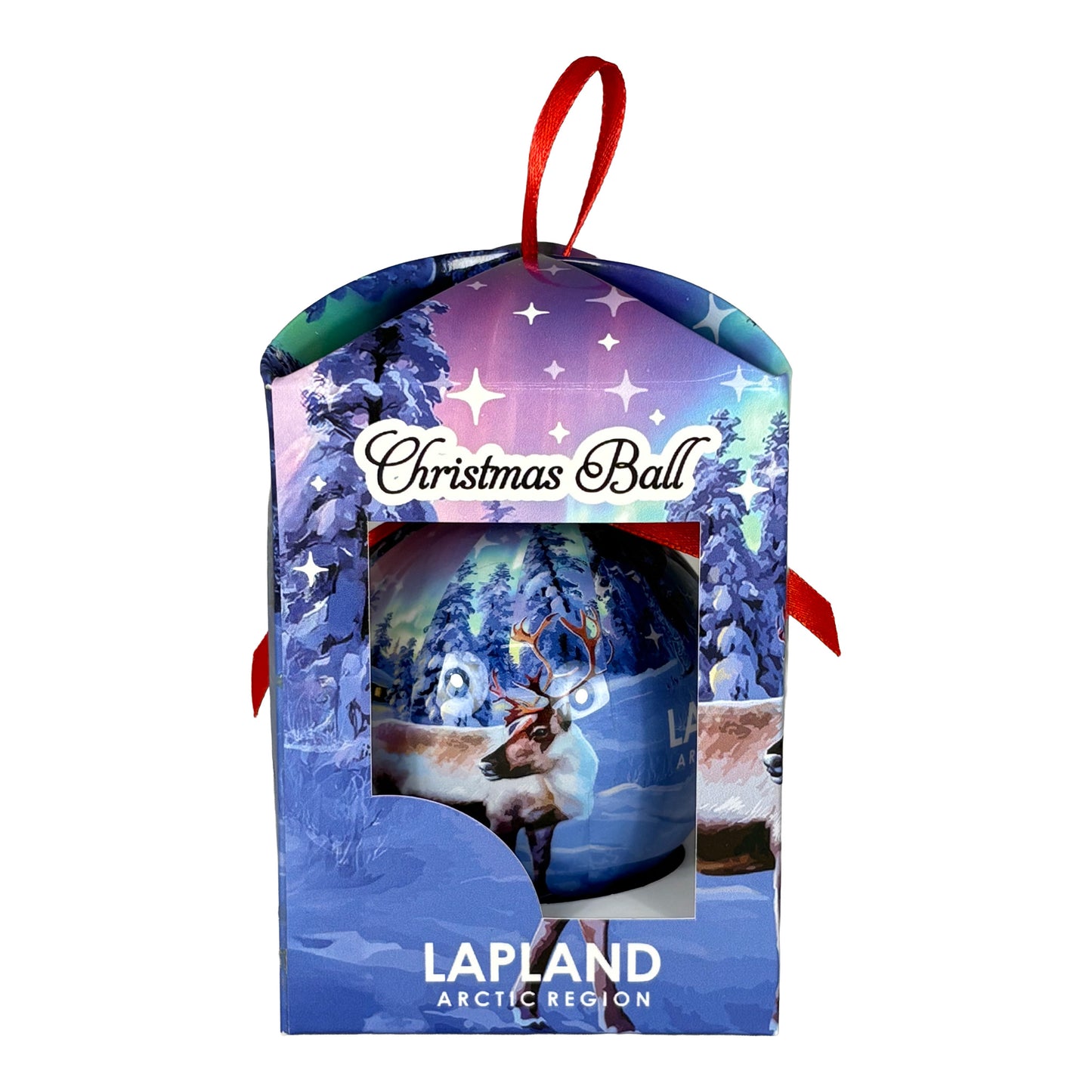 Julkulan i sin förpackning, med matchande design i vintrigt tema.

