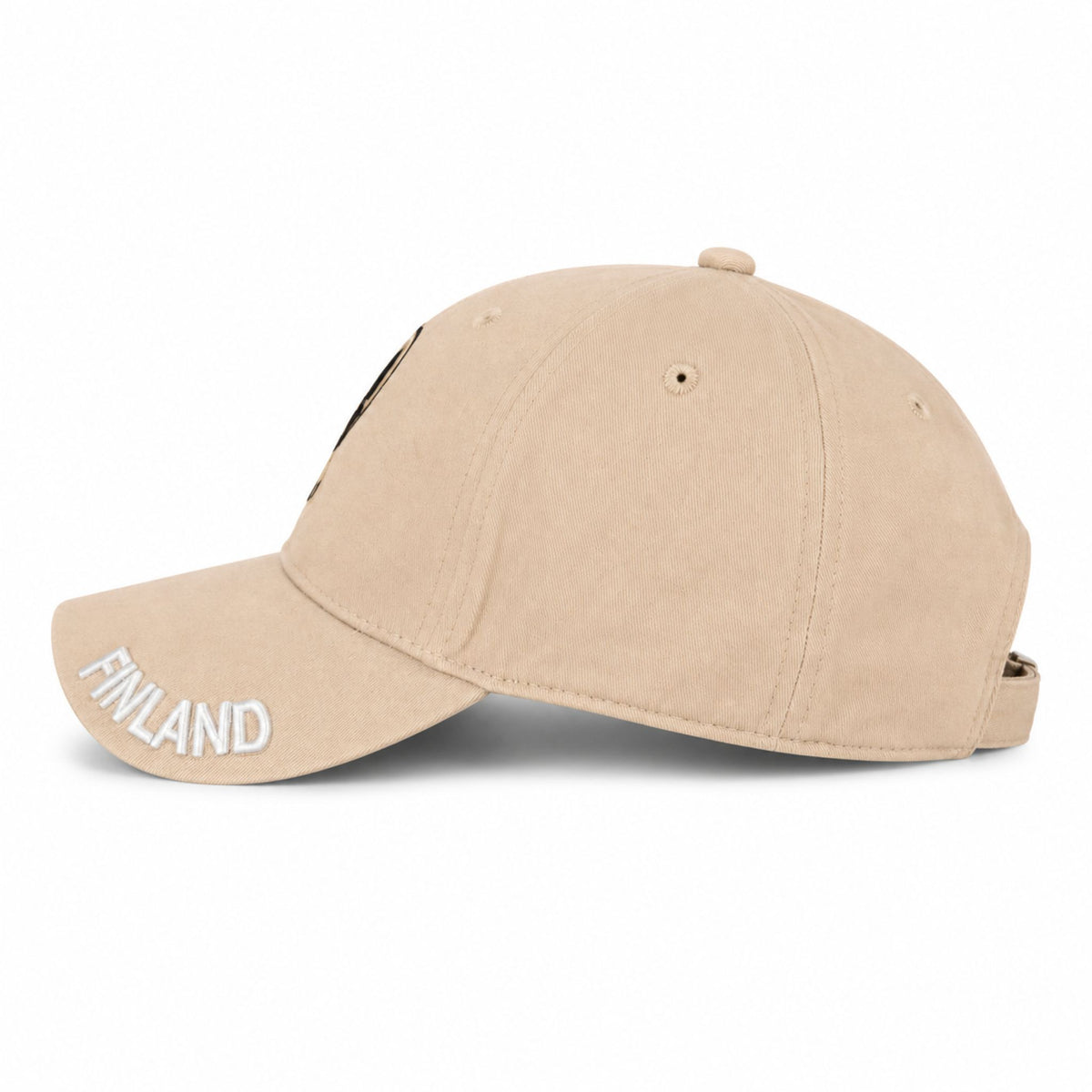 Beige keps från andra sidan med broderad text "FINLAND" på skärmen.