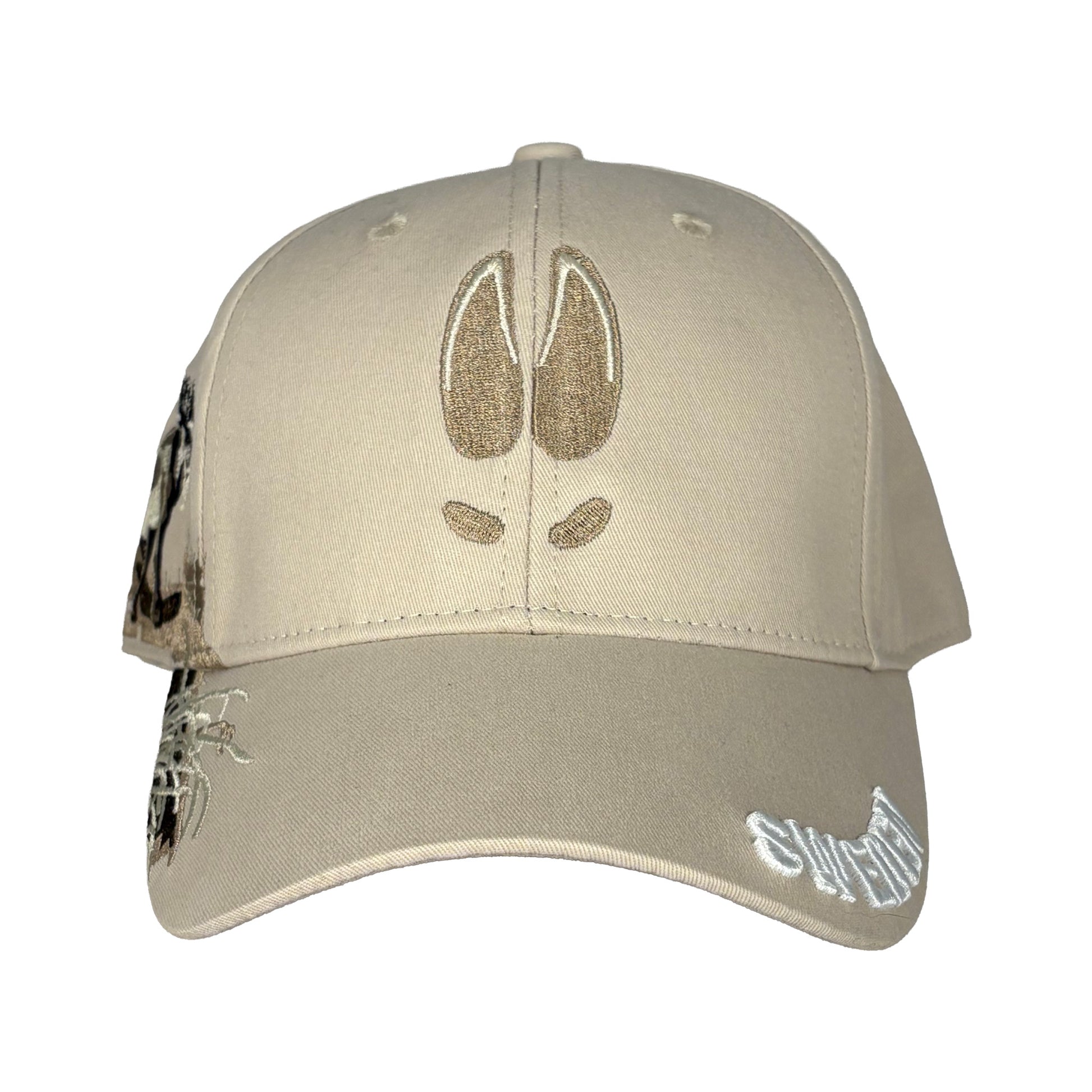 Beige keps med broderat älgspår. 