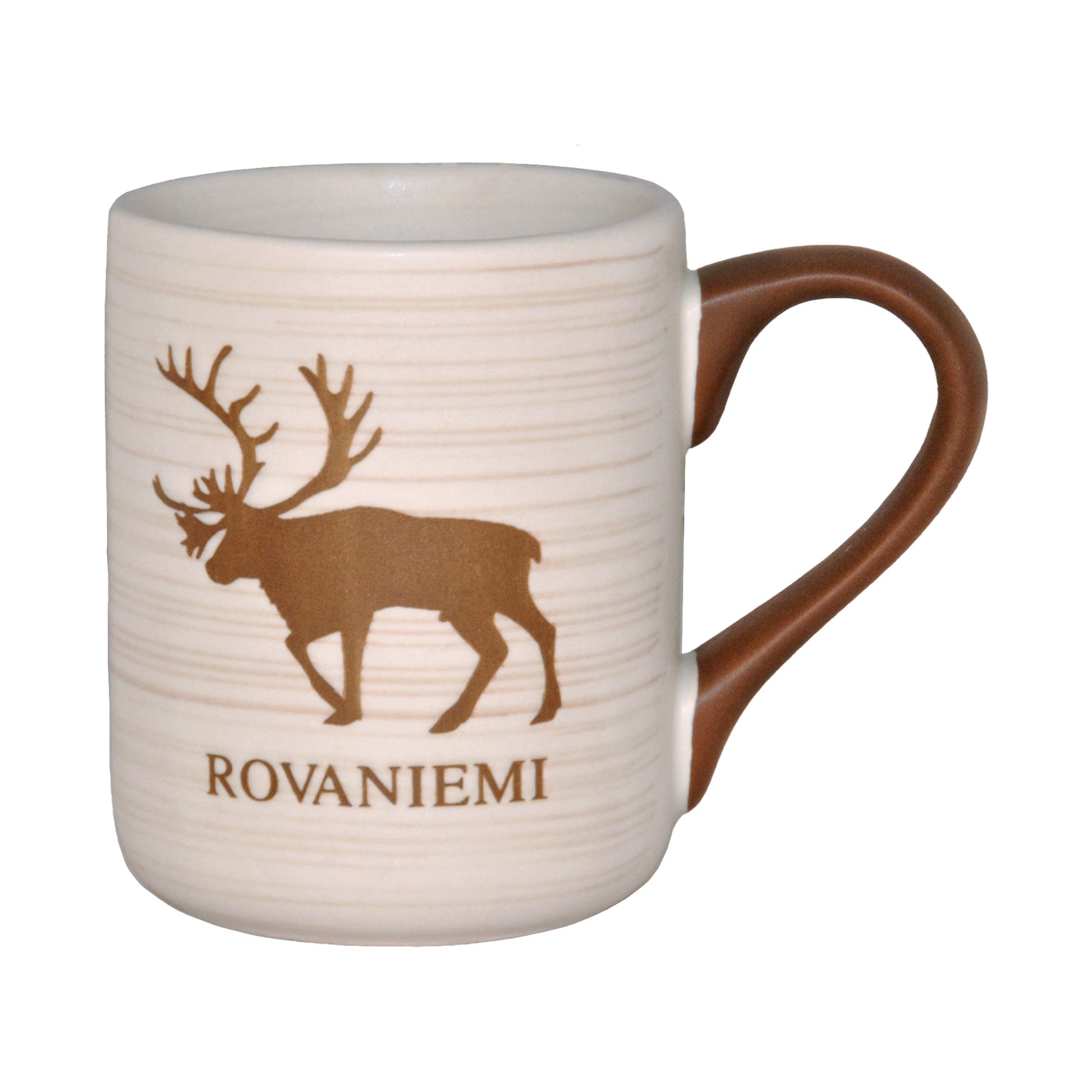 Beige keramikmugg med motiv av en ren och texten "Rovaniemi". 