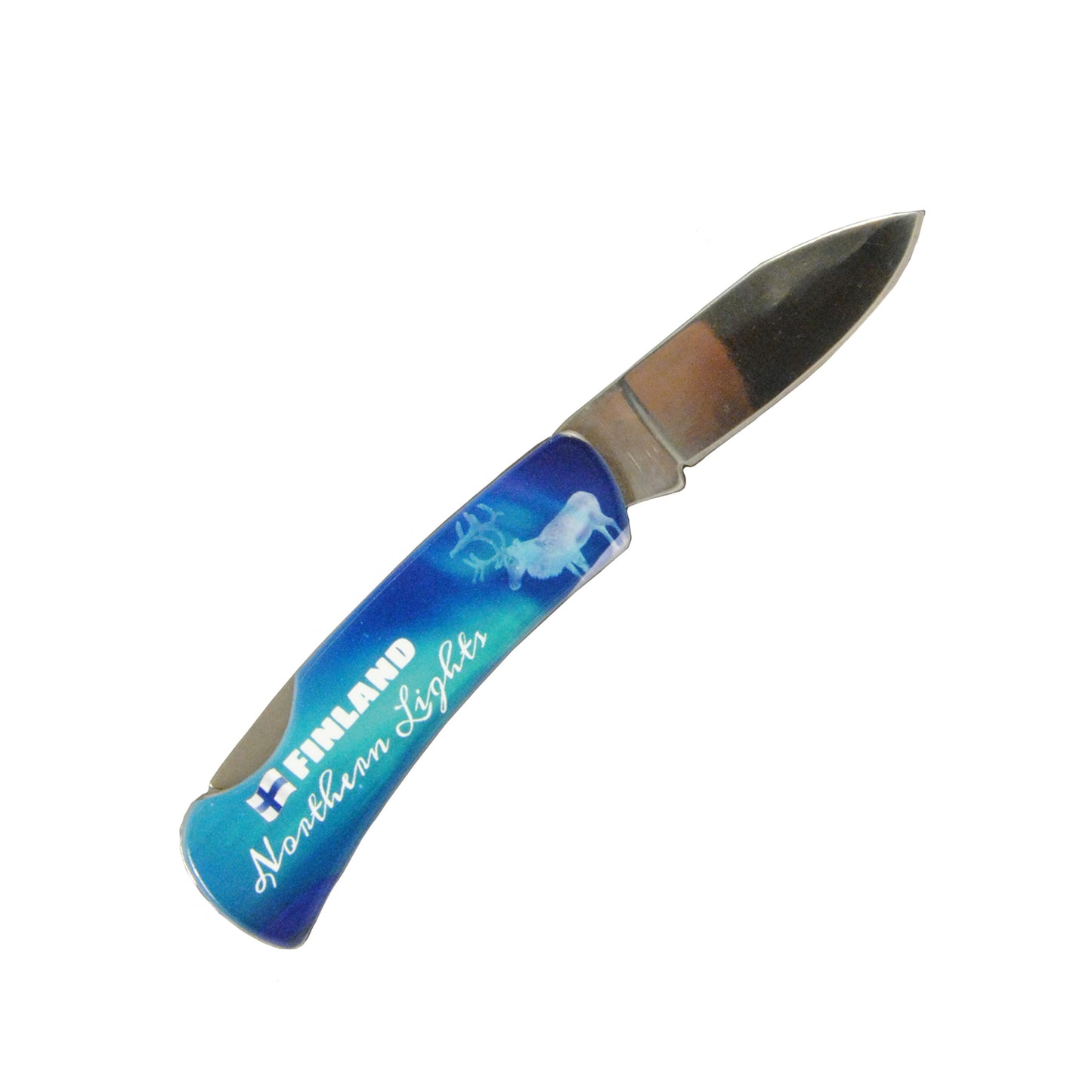 Fällkniv med norrskensmotiv och texten "Finland Northern Lights" på skaftet, 7 cm lång – en kompakt kniv med dekorativ design.