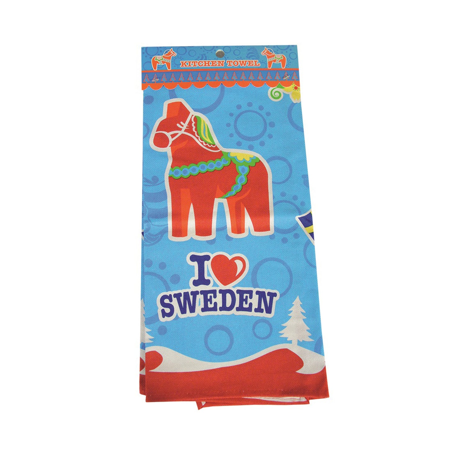 Röd och blå kökshandduk med tecknad dalahäst och texten I Love Sweden. Blå hängetikett med motiv av två röda dalahästar och texten "Kitchen Towel" i rött. 