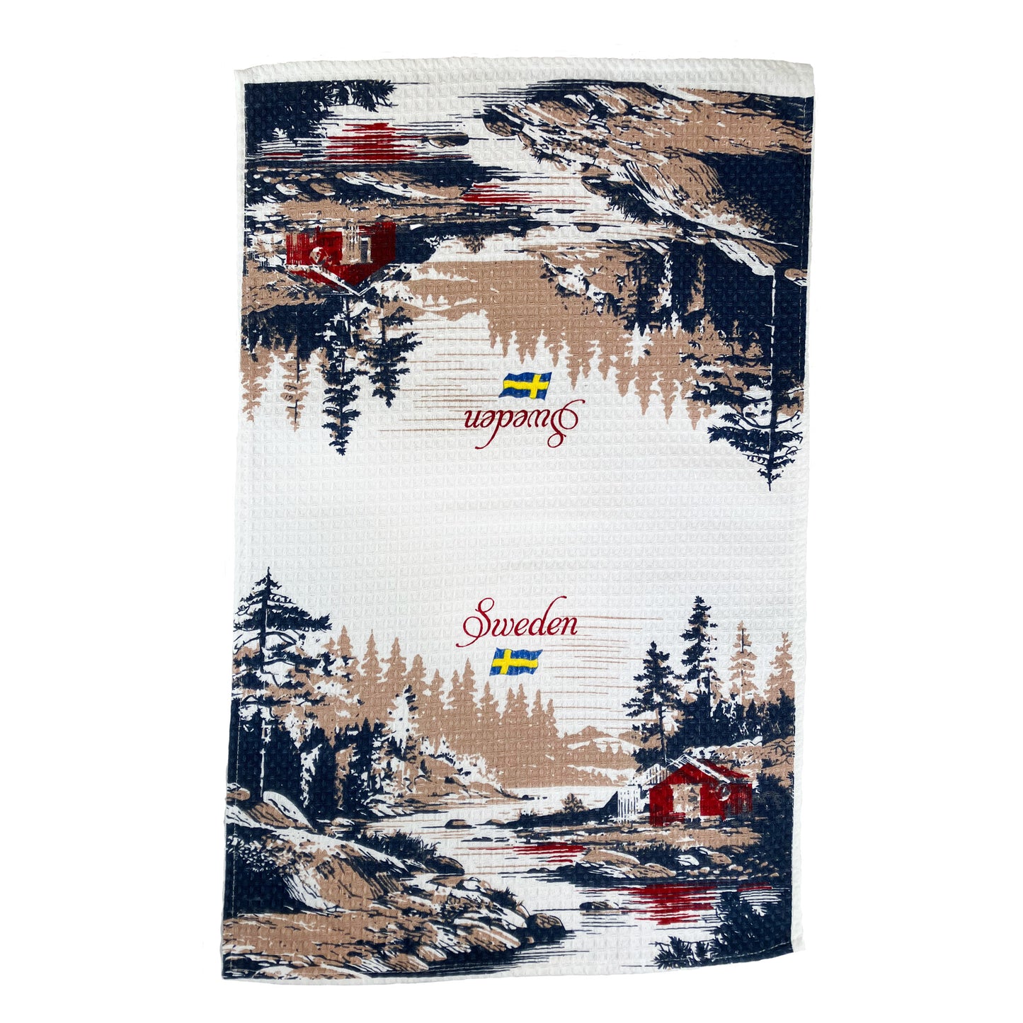 Kökshandduk med en röd stuga, texten Sweden och svenska flaggan. 