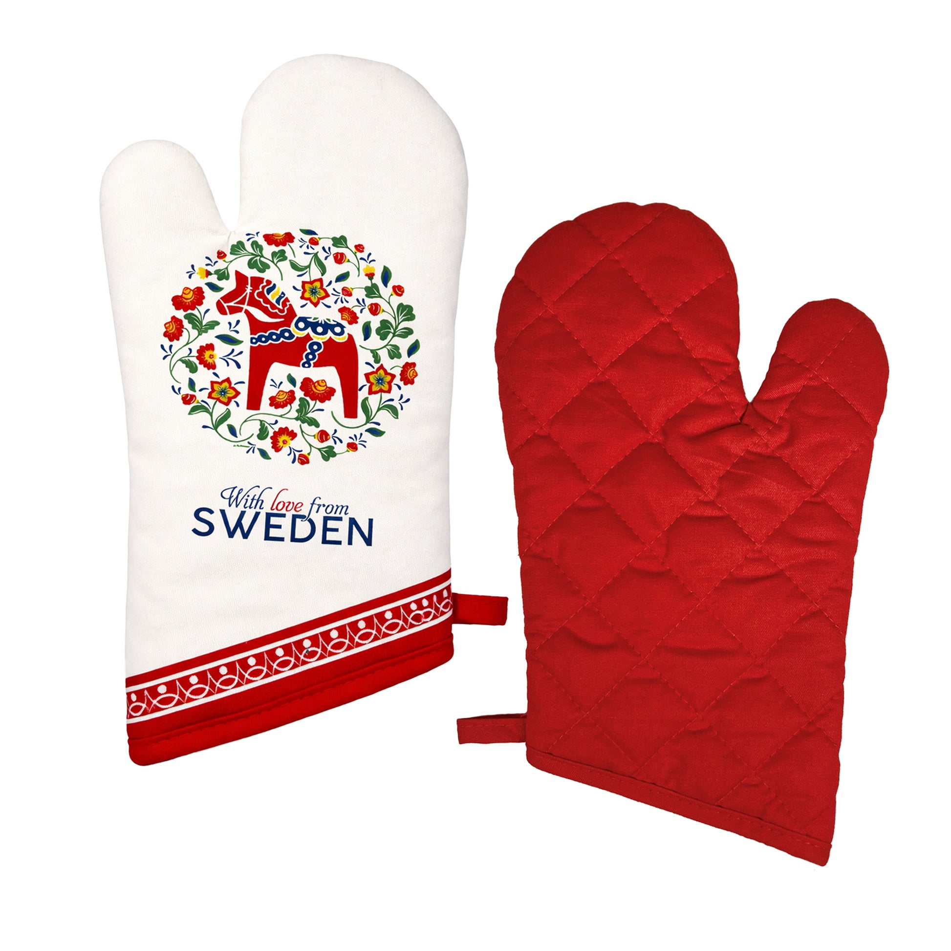 Grytvante med motiv på en dalahäst omgiven av blommor och texten "With love from Sweden". Baksidan är röd.