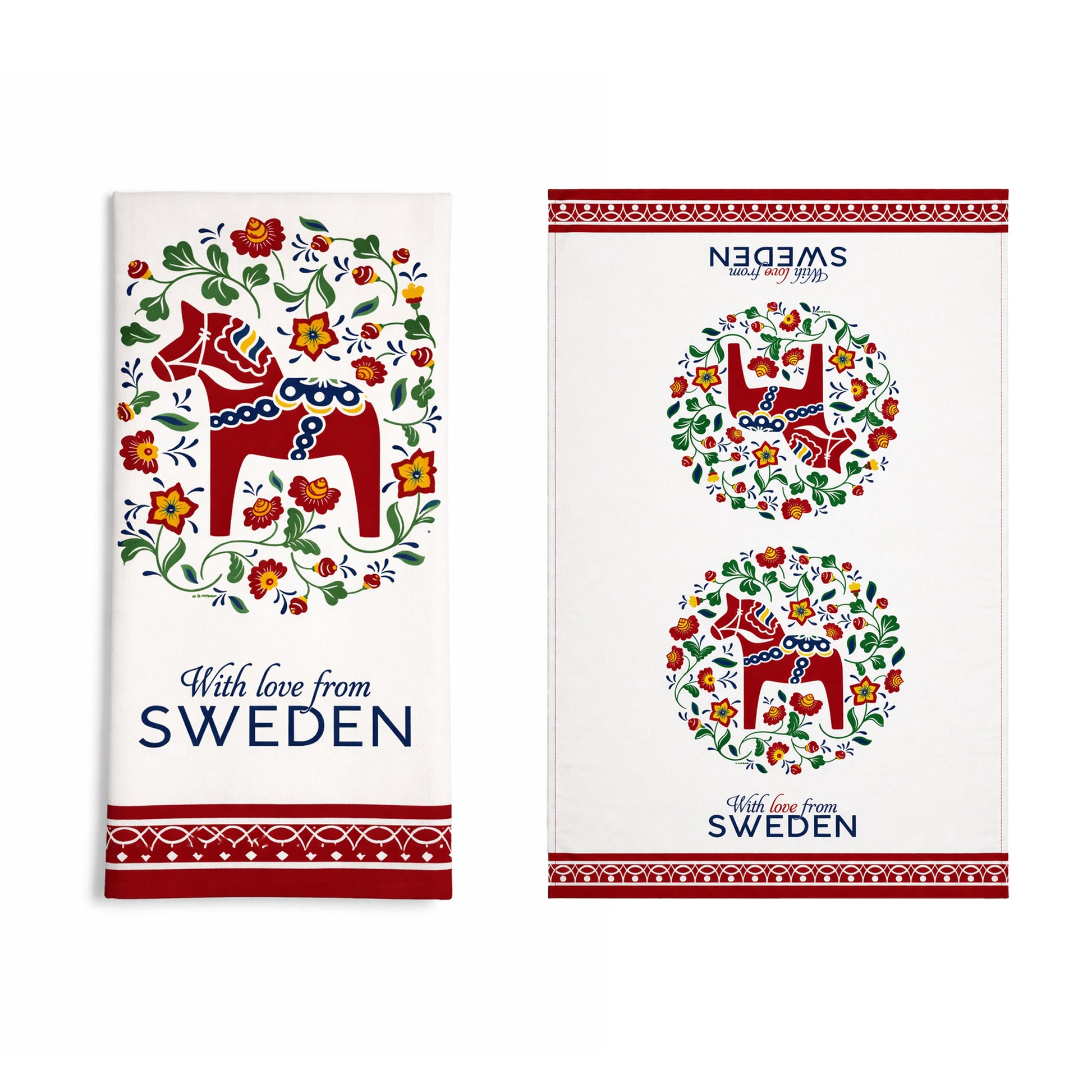 Kökshandduk med motiv på en dalahäst omgiven av blommor och texten "With love from Sweden". 