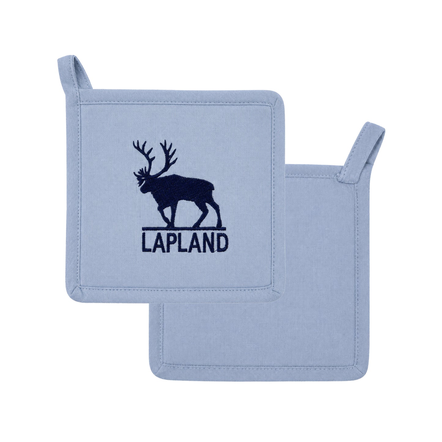 Isblå grytlapp med renmotiv och texten "Lapland". Baksidan är blå utan motiv.