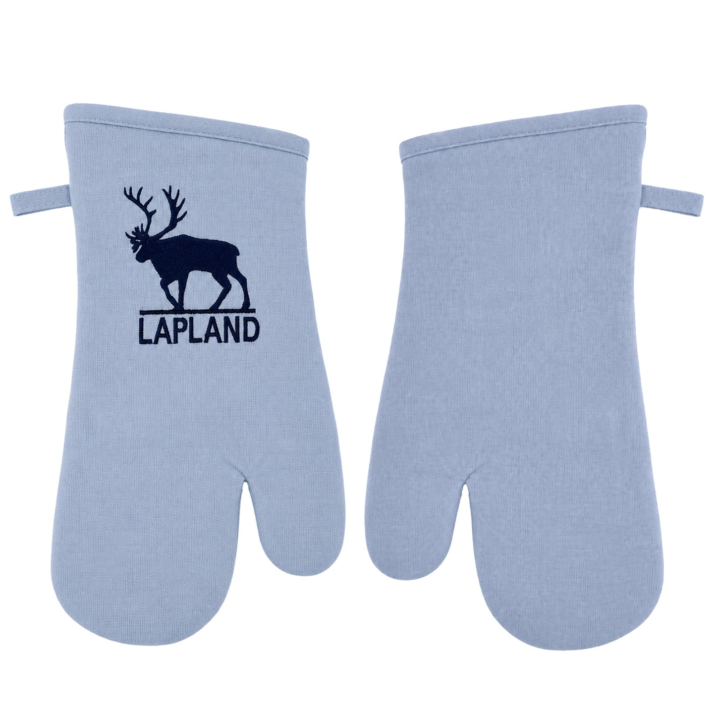 Isblå grytvante med renmotiv och texten "Lapland". Baksidan är blå utan motiv.