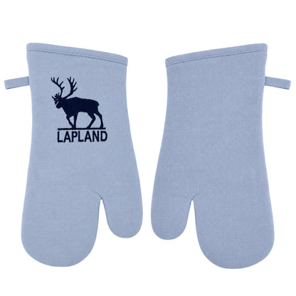 Isblå grytvante med renmotiv och texten "Lapland". Baksidan är blå utan motiv.